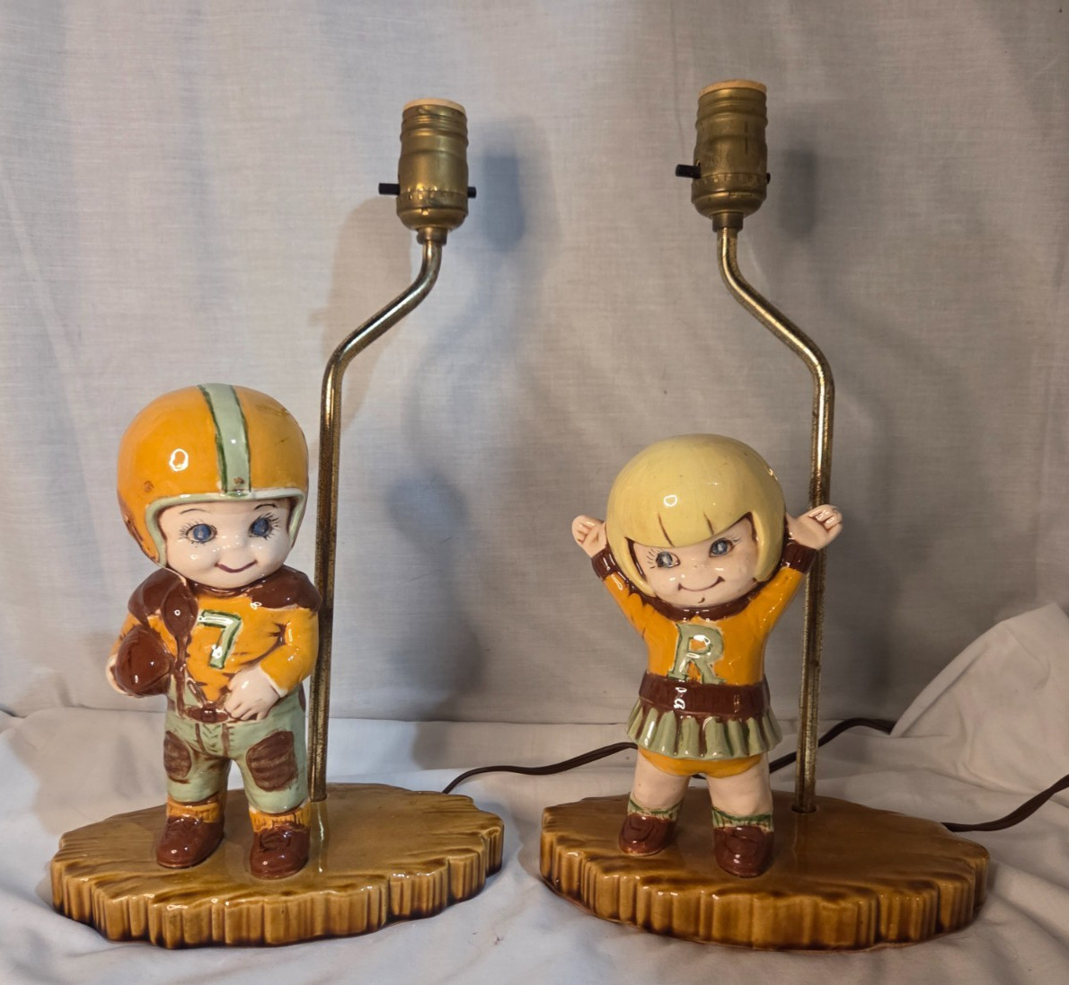 Vintage MCM Atlantic Molds Ceramic Football Player & Cheerleader Table Lamps Set