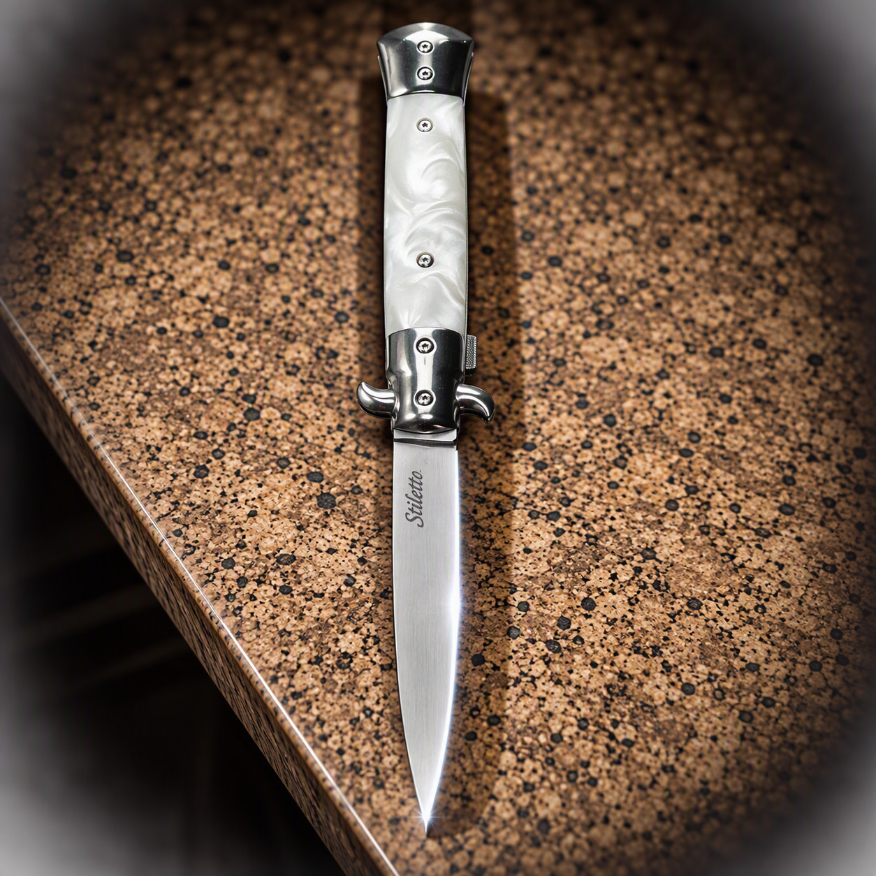 Milano-White Pearl Style Classic Italian-Stiletto Switch/Spring Assist Blade EDC