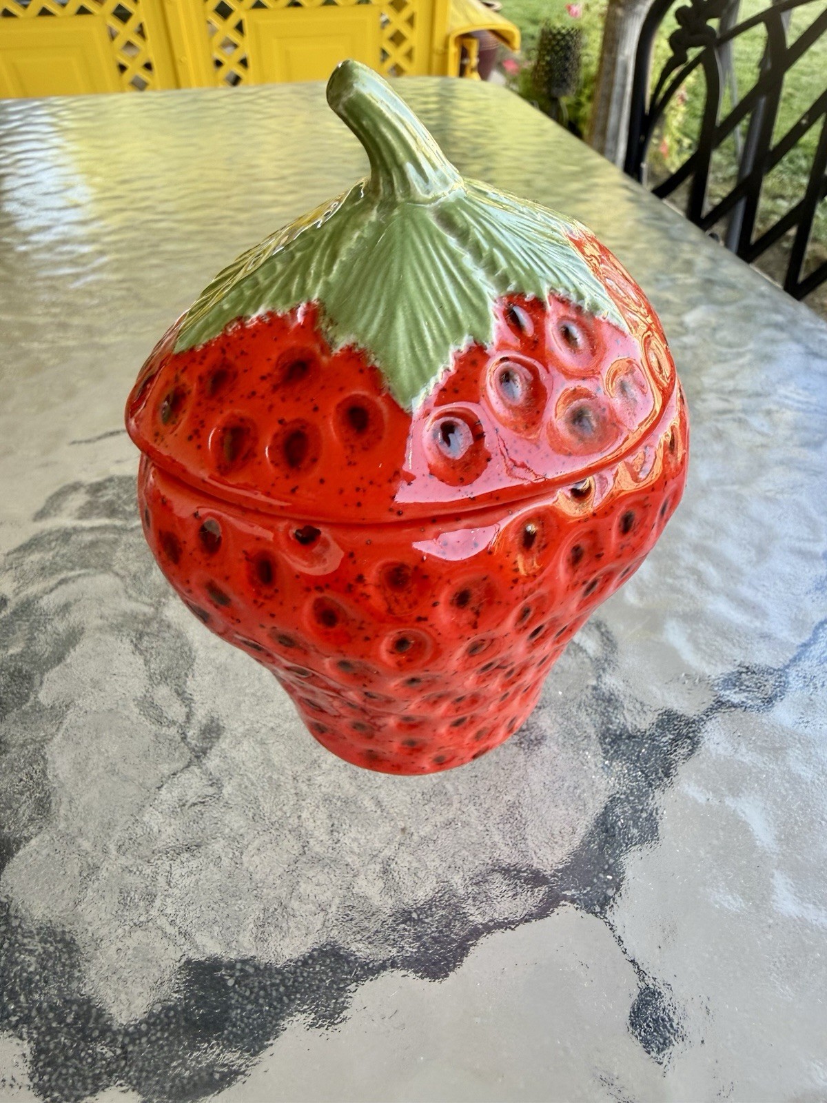 Adorable Ceramic 70’s Vintage Red & Green Strawberry Storage Jar Hand Crafted