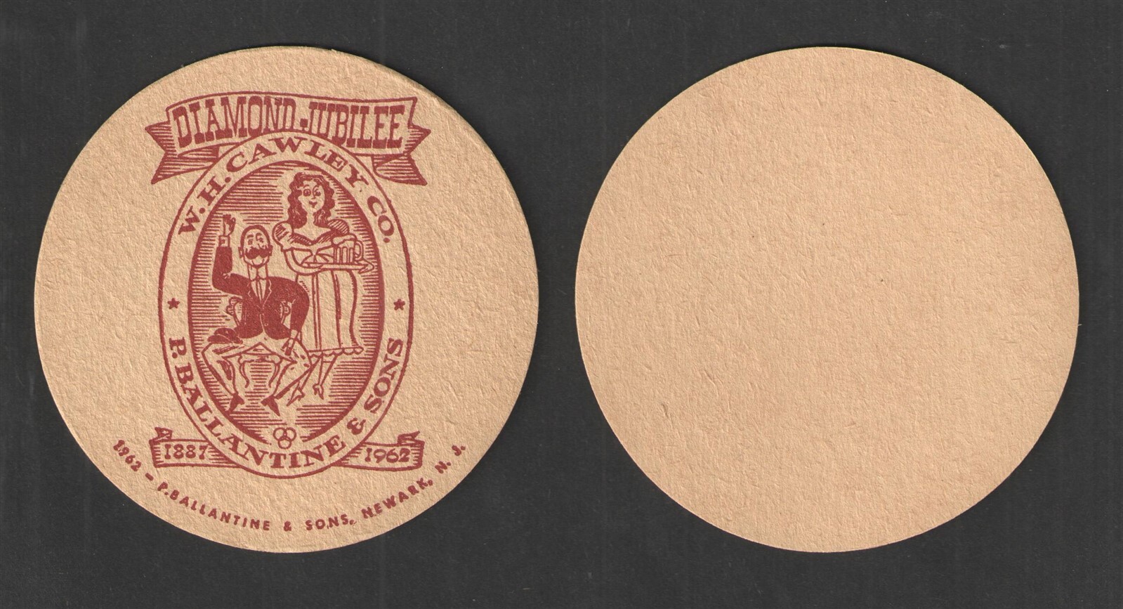 1962 BALLANTINE { W H CAWLEY CO } DIAMOND JUBILEE 1887-1962 UNUSED COASTER NOS