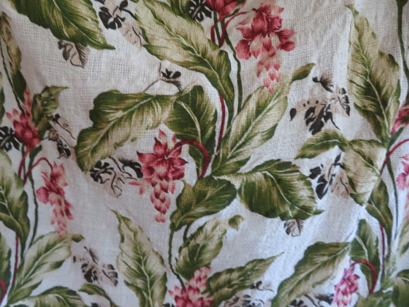 Vintage Florida Beach Bungalow PINKS & OLIVE Greens on Creamy White Barkcloth