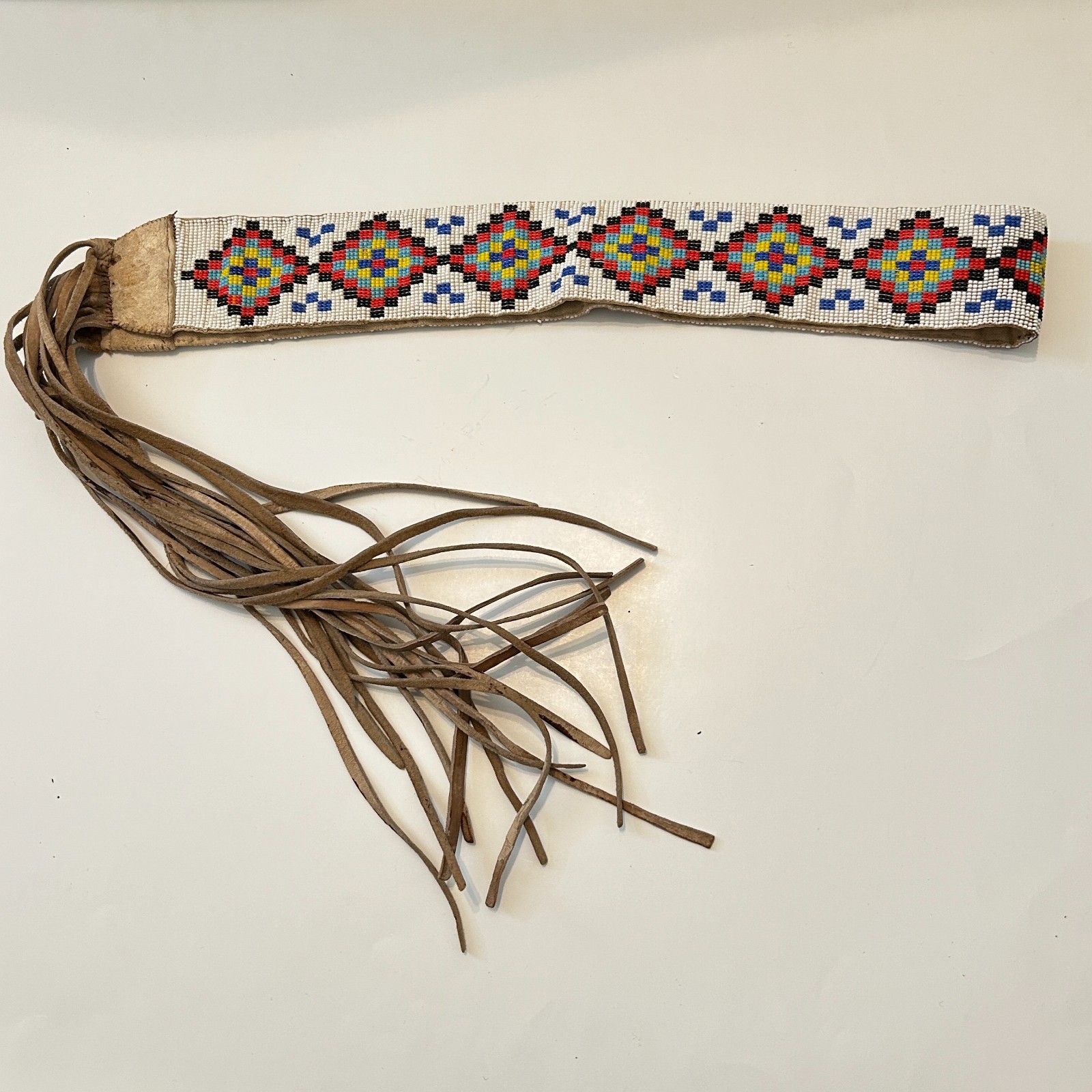 Antique Native American Handmade Woven Beaded Sash Belt Leather Suede Fringe