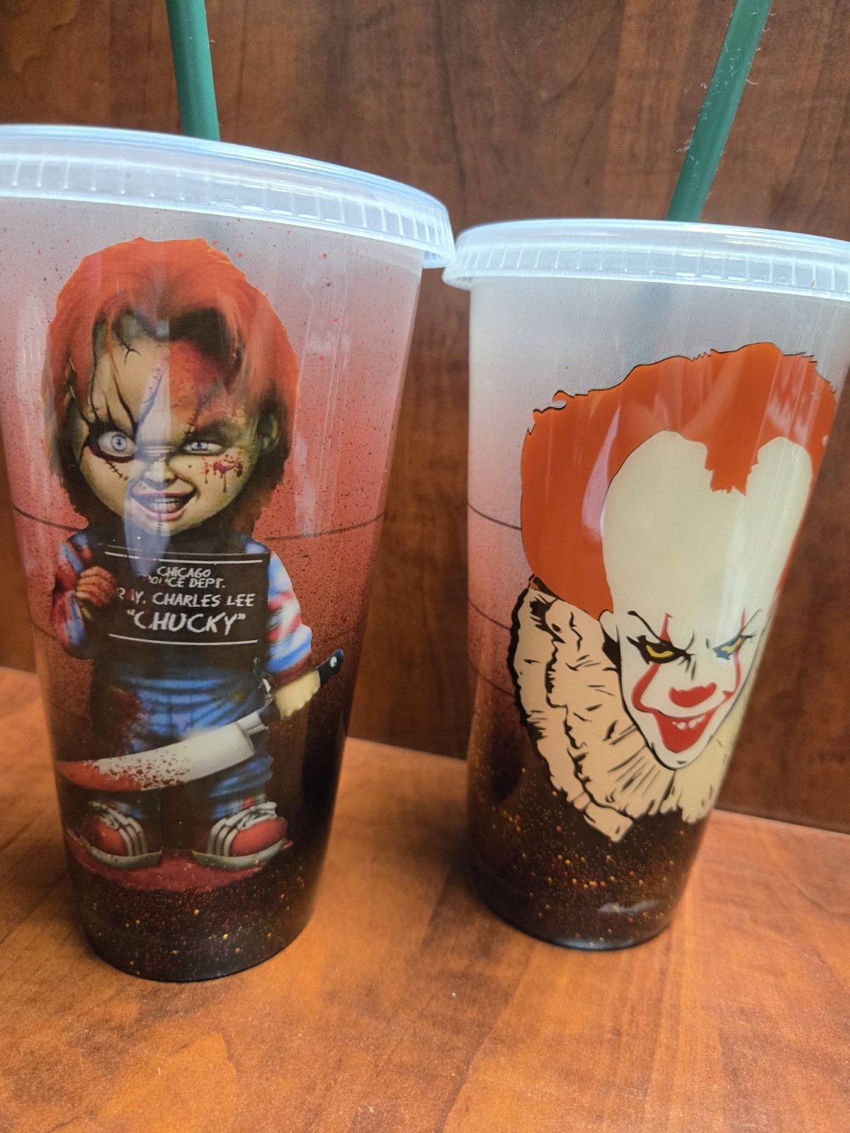 2 16oz Starbucks Horror Film Themed Cold Cups (IT) & (Chucky) Halloween Cups