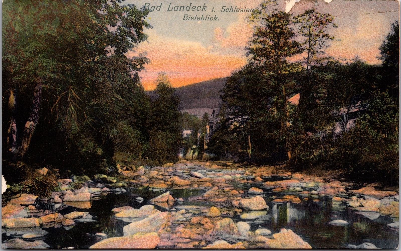 Vintage Postcard Bad Landeck Schlesien Bieleblick River Rocks Germany Travel