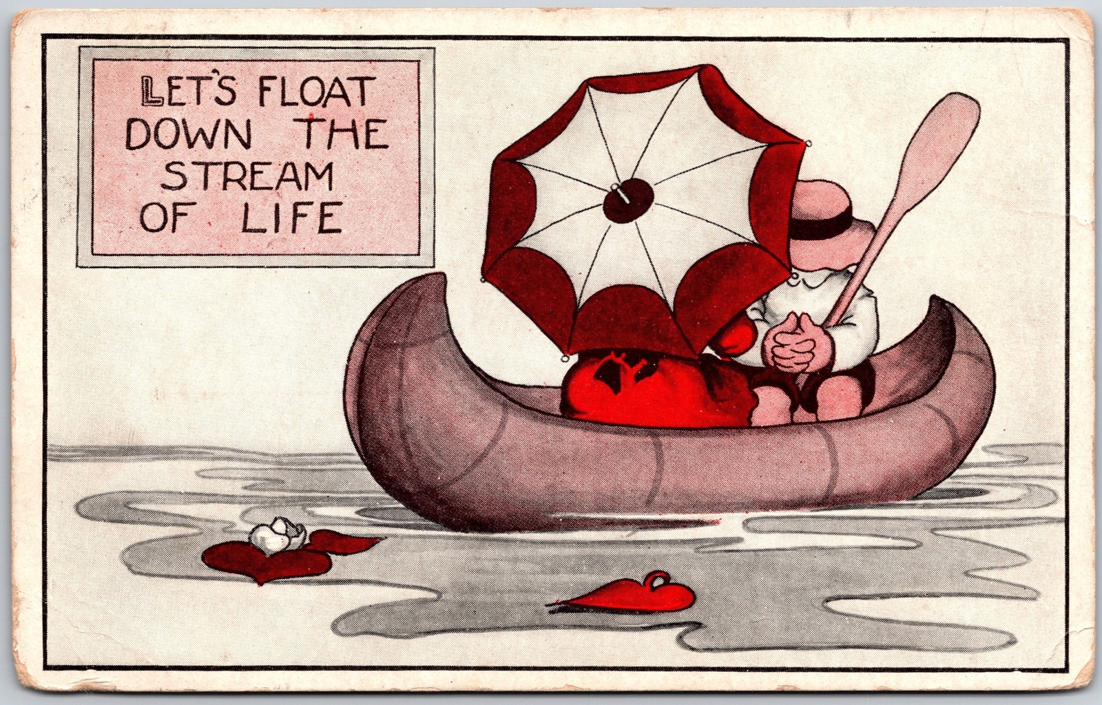 Lets Float Down The Stream Of Life, 1918 Motto Couple In Canoe, Vintage Postcard