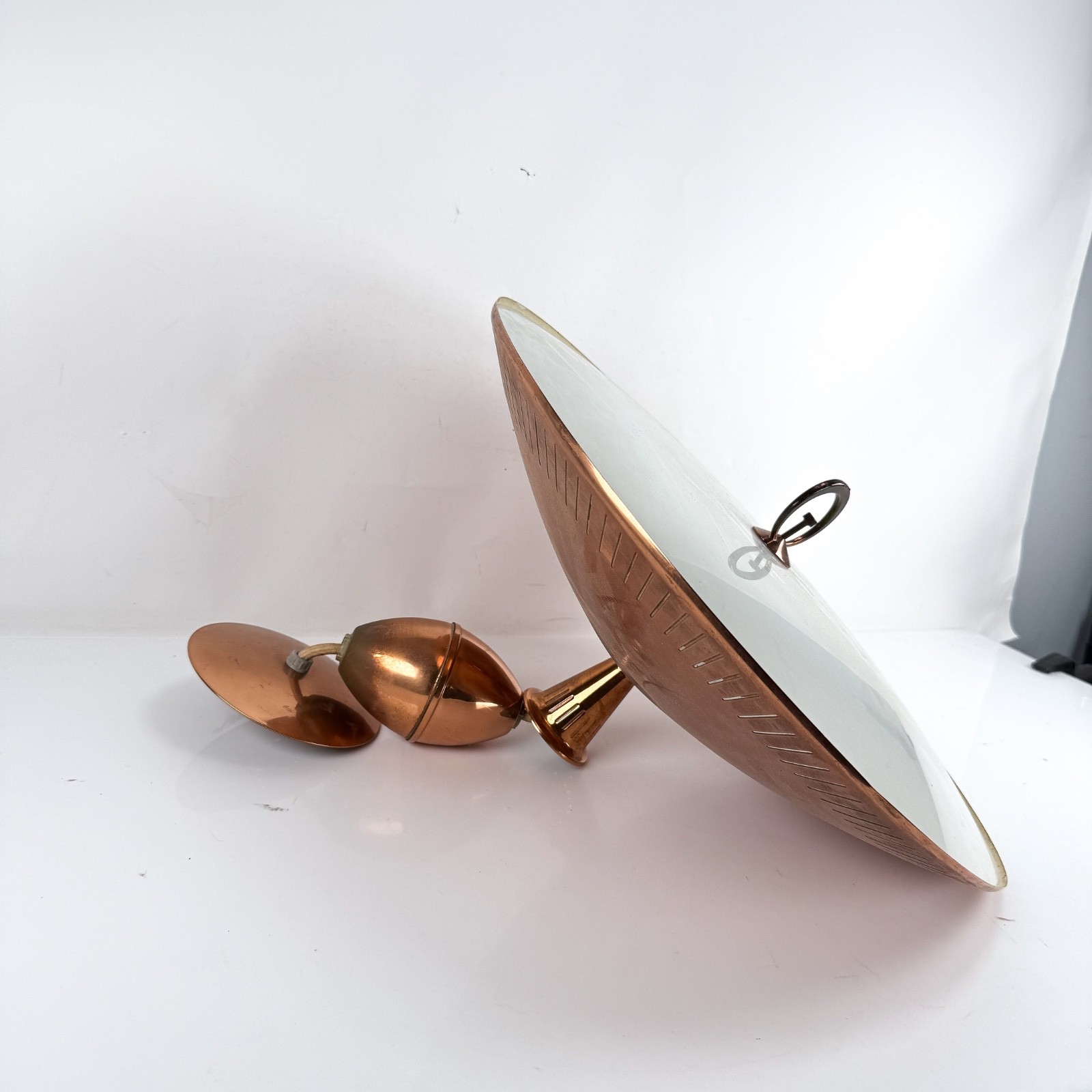 Vintage Moe Lighting Copper/Glass UFO Saucer Atomic MCM Hanging Light Fixture