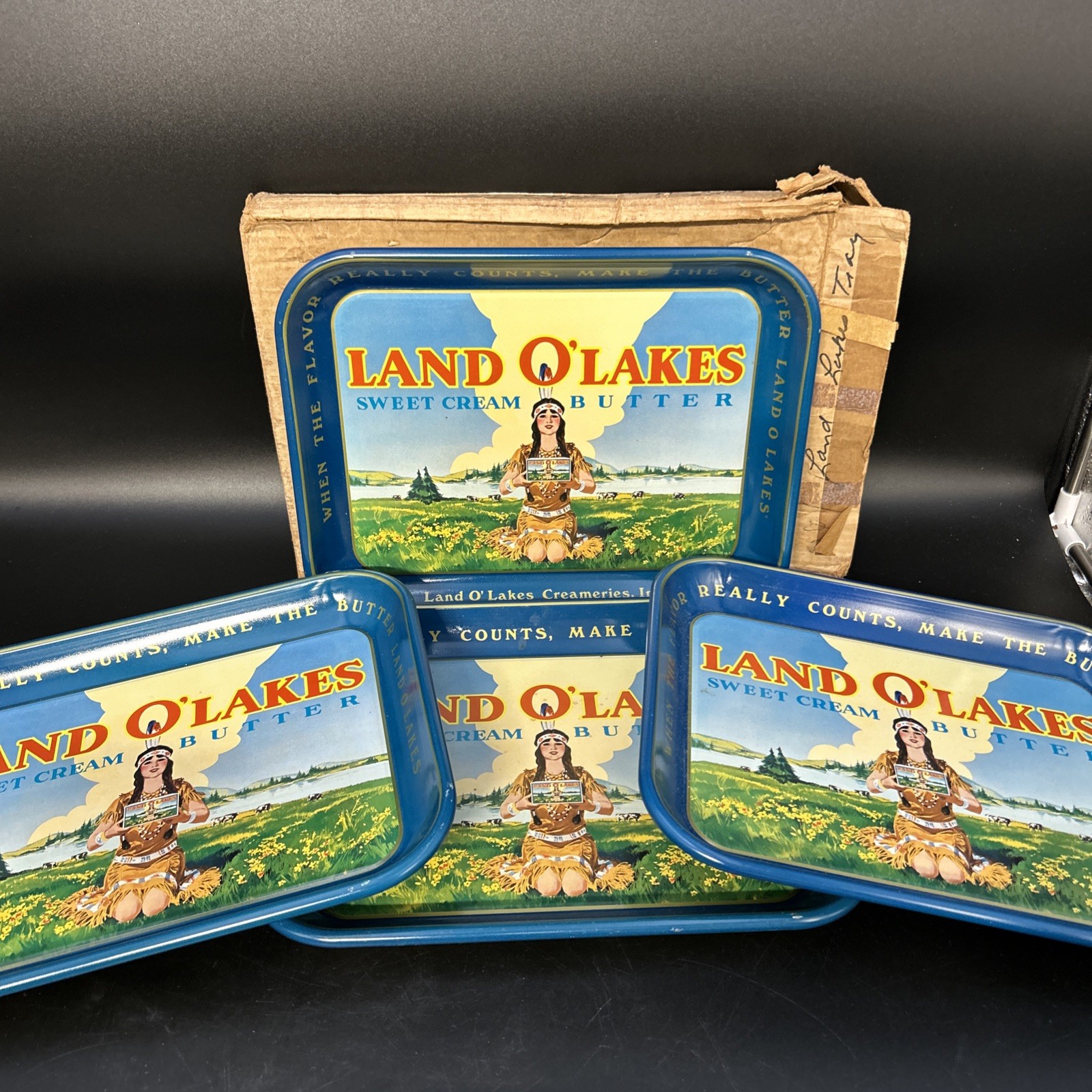 Vintage 1950s Land O'Lakes Sweet Cream Butter Metal Trays With Retired Logo Set4