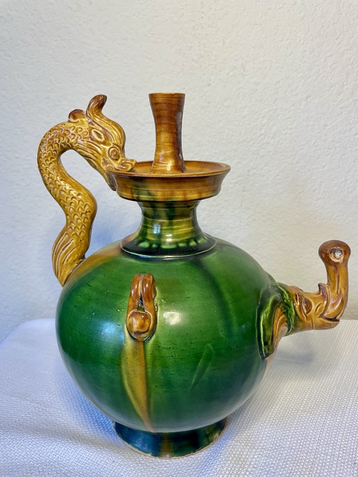 Vintage Chinese Tang Dynasty Style Sancai Glazed Ceramic Ewer – Dragon Motif