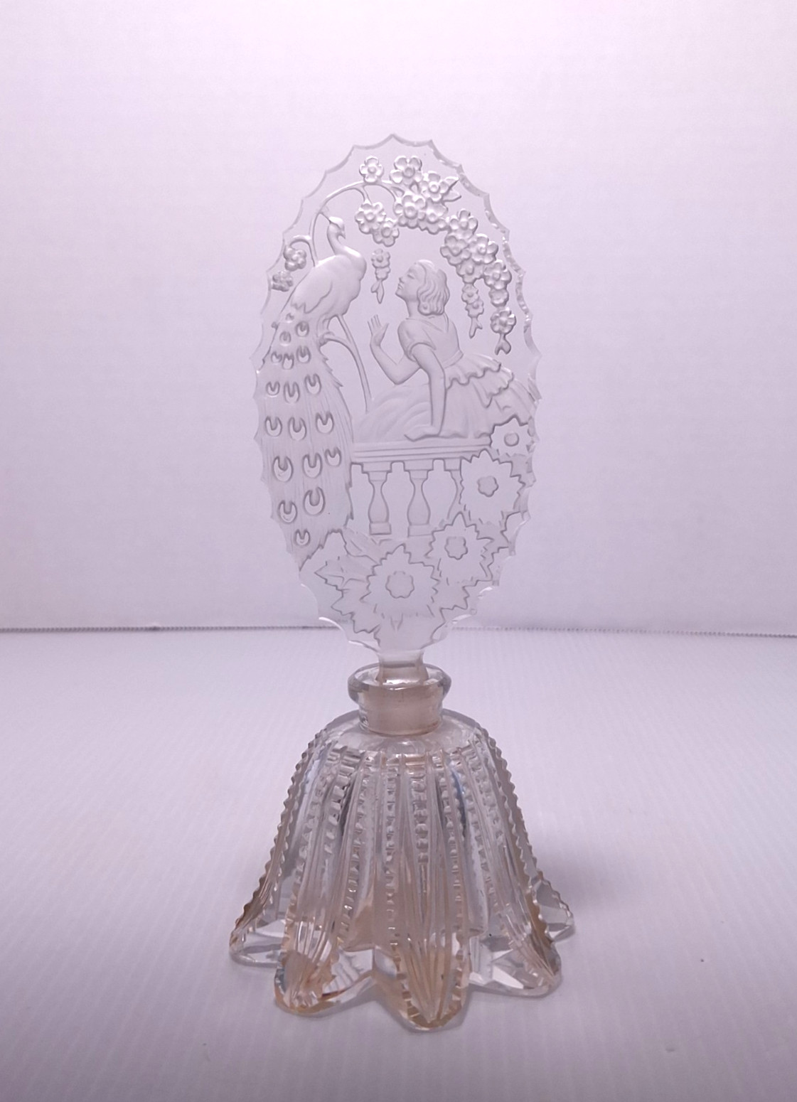 Atq Art Deco Czech Clear Glass Perfume Bottle Lady with Peacock w/ Dauber