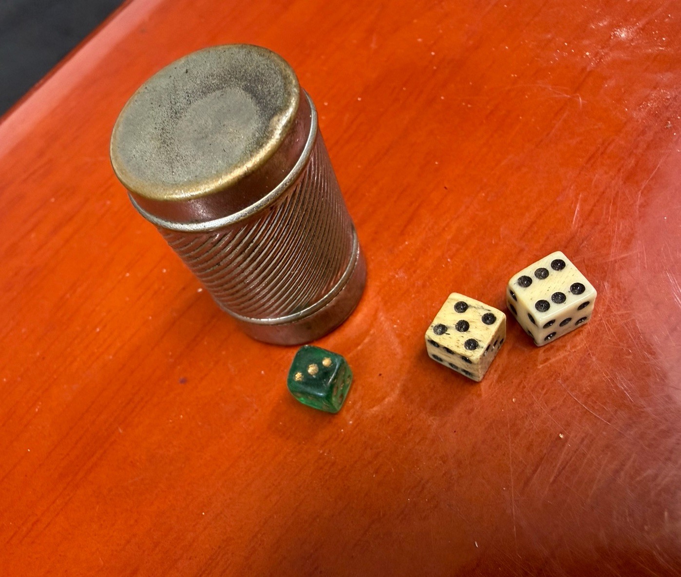 Vintage 3 Antique 1800s Miniature Bone Dice & Tin Storage Very Tiny