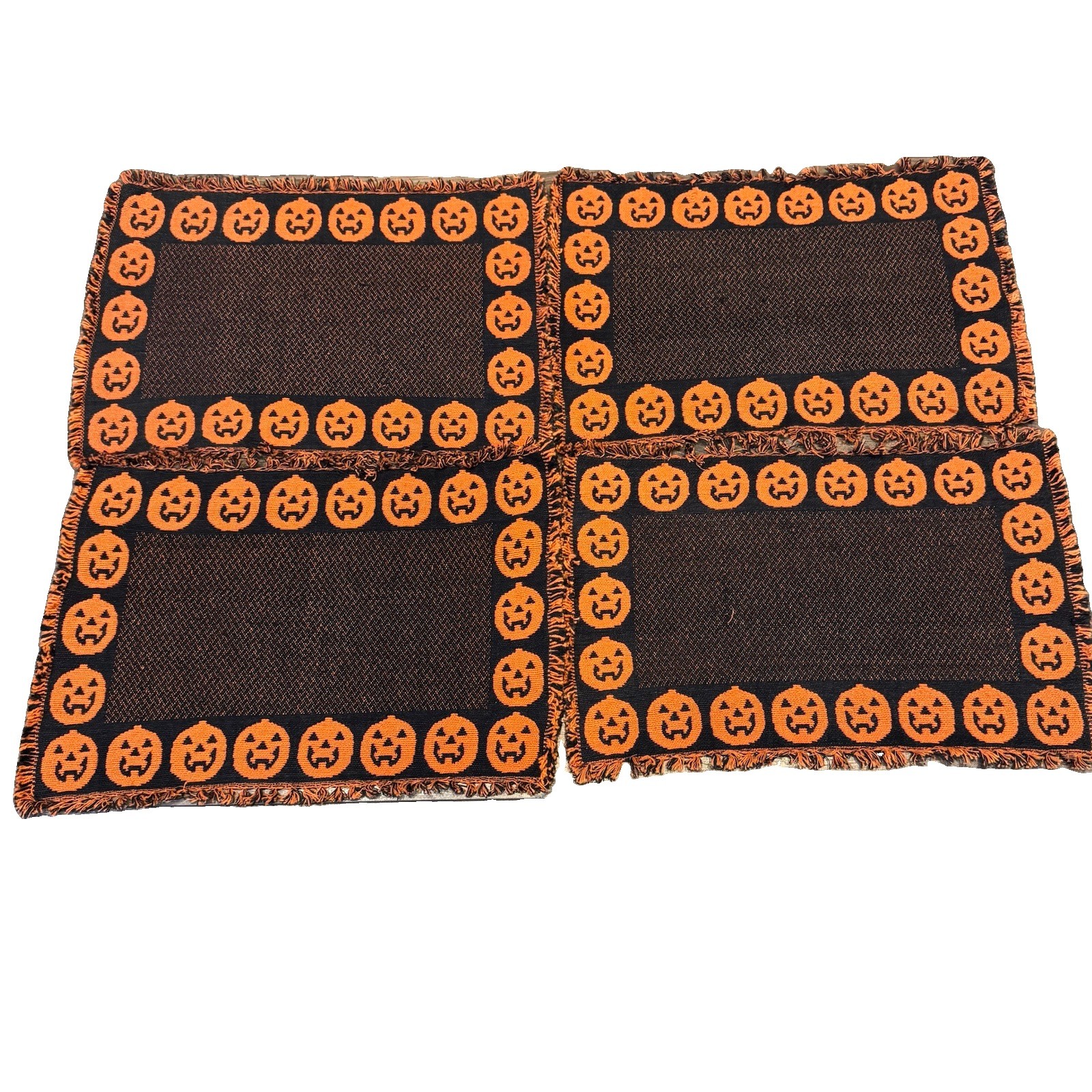 VTG Halloween Decor Woven Tapestry Placemats (4) 1990s Y2K Pumpkin Orange Black