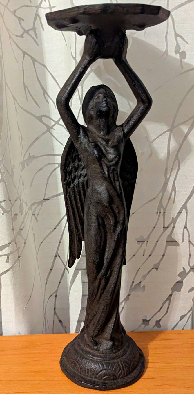 Solid Cast Iron Winged Angel Figural Candlestick Holder,3D Religious Decor 13.5