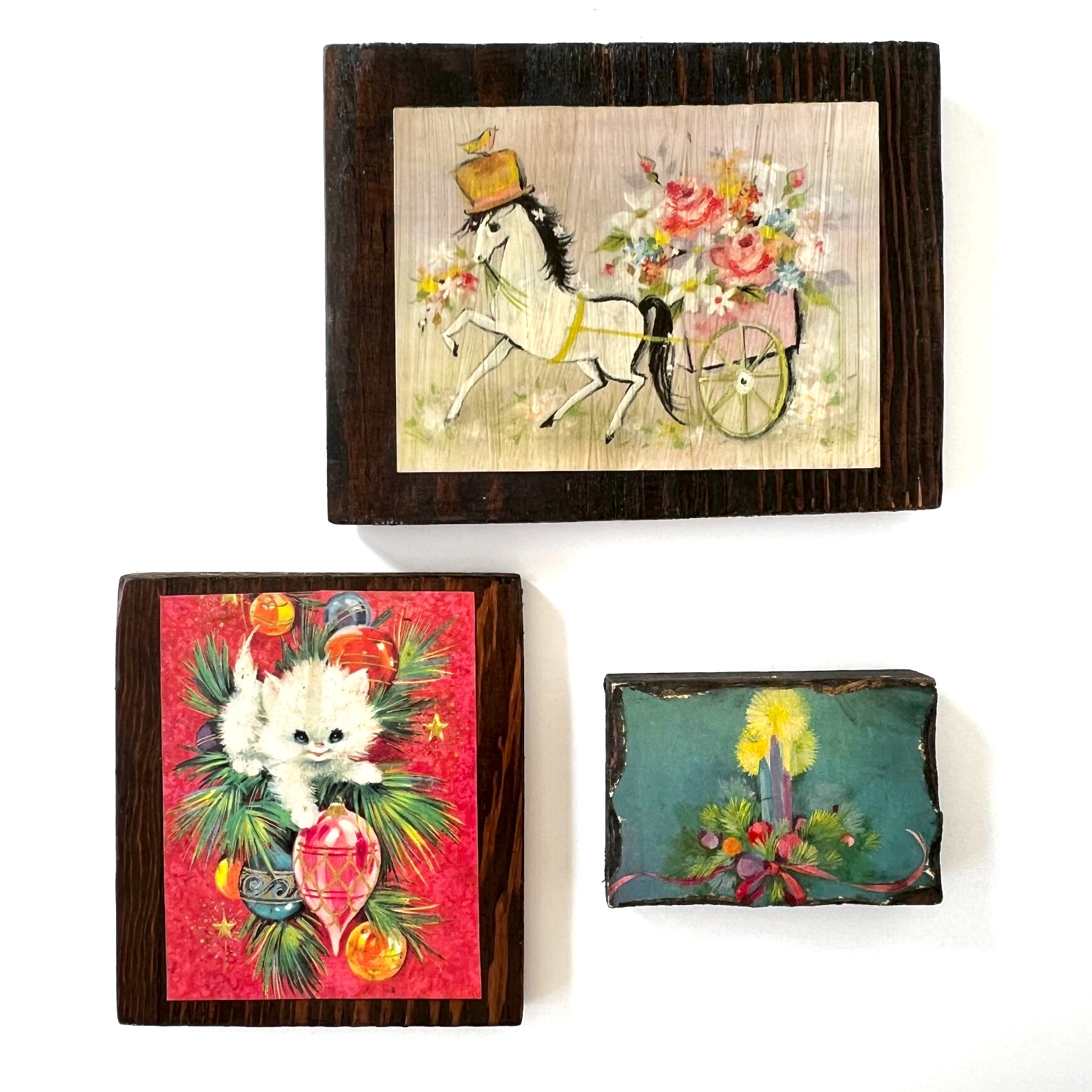 VTG 1970s Christmas Greeting Card Art on Wood Set of 3 Cat Horse Candles