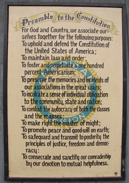 c. 1930's US AMERICAN LEGION Hand Painted POST SIGN on Masonite PREAMBLE