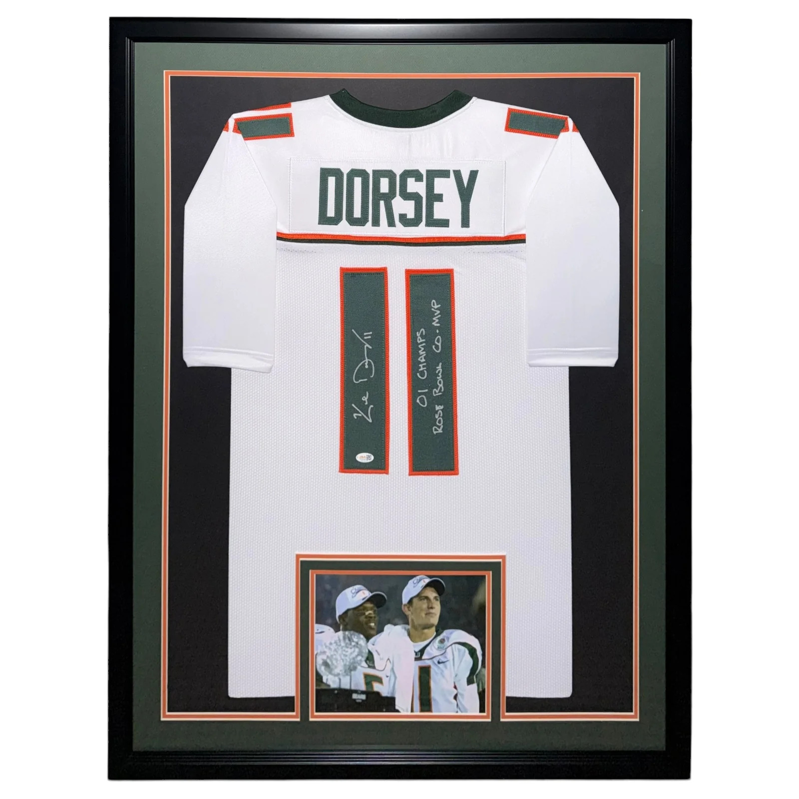 Ken Dorsey Autographed Miami (White #11) Deluxe Framed Custom Stitched Jersey w/