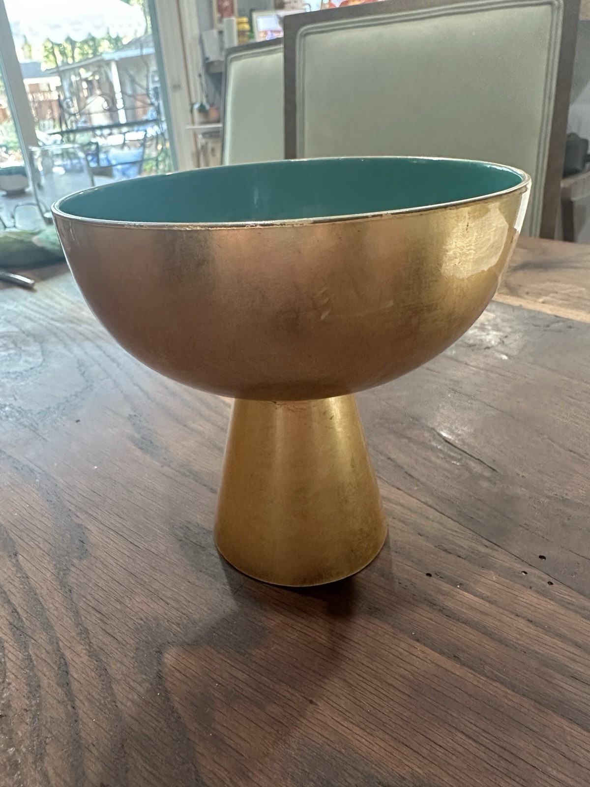 Japanese MCM  Gold Lacquered  Footed Bowl Gilded Turquoise  5” Tall
