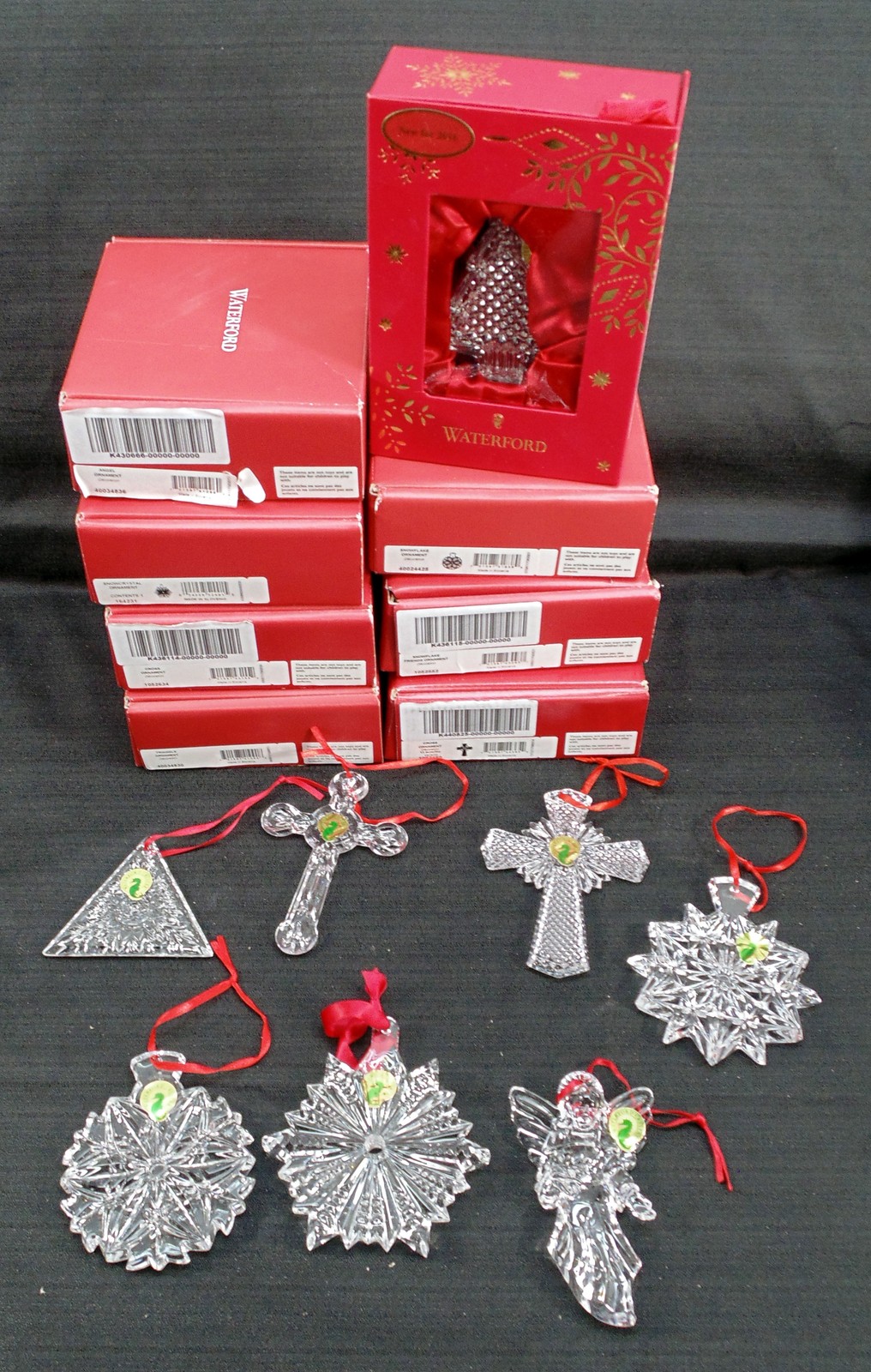 New Lot 8 Waterford Crystal Christmas Tree Ornaments Cross Angel Snowflake w/Box