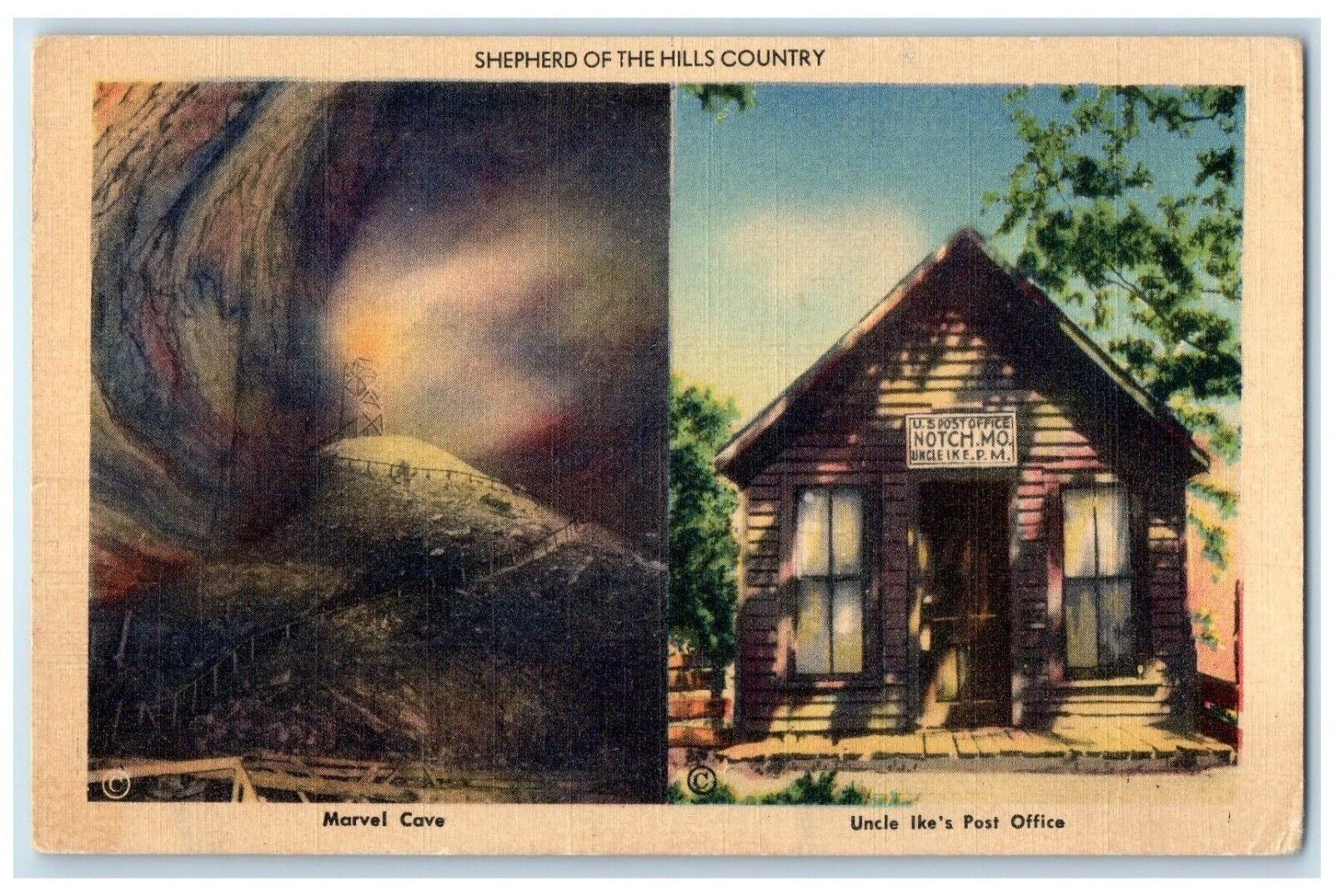 1947 Shepherd Hills Country Marvel Cave Uncle Ike Post Office Missouri Postcard