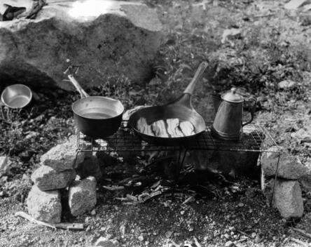 Bacon In A Frying Pan And Other Cooking Items Over A Camp Fire 191 - Old Photo