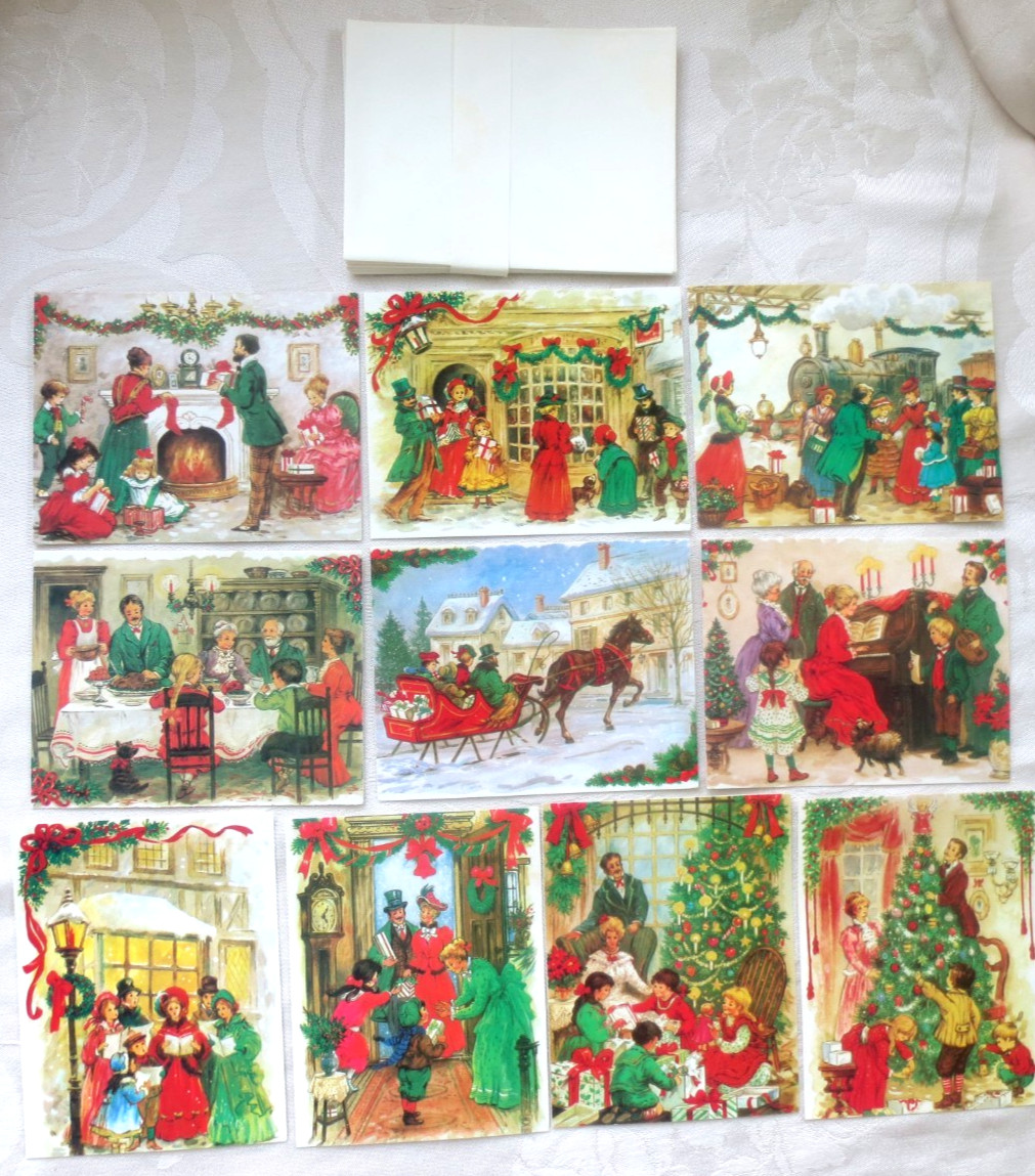 10 VTG. CHRISTMAS CARDS & ENVELOPES-DIFFERENT VICTORIAN SCENES & INSIDE MESSAGES