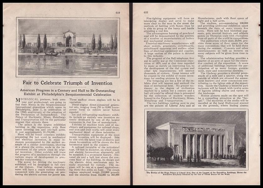 Sesquicentennial Celebration 1926article “Fair to Celebrate Triumph of Invention