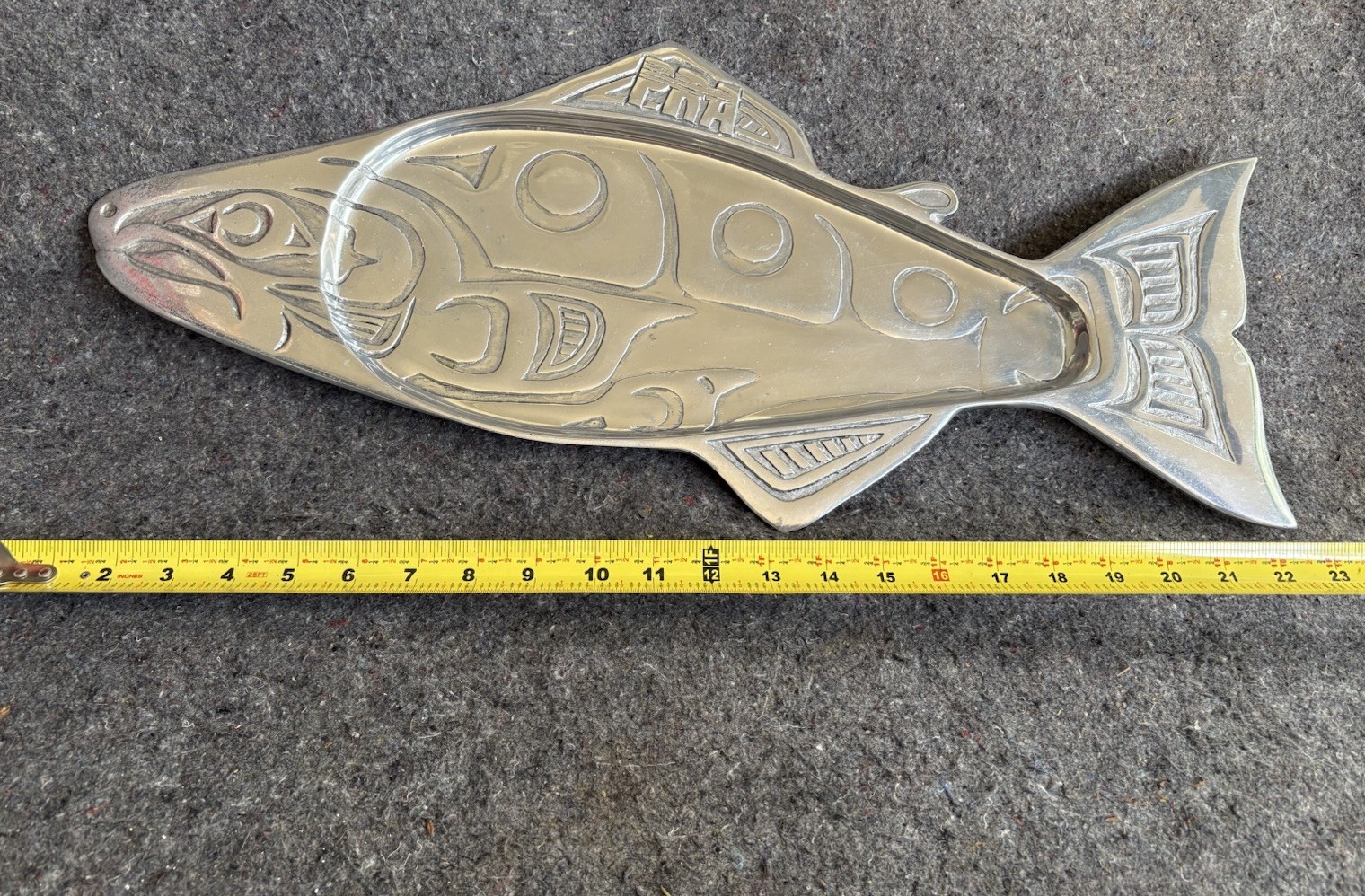 Vintage Large 22”x10” Handcrafted Alaskan Salmon Designed Pewter Tray Beautiful