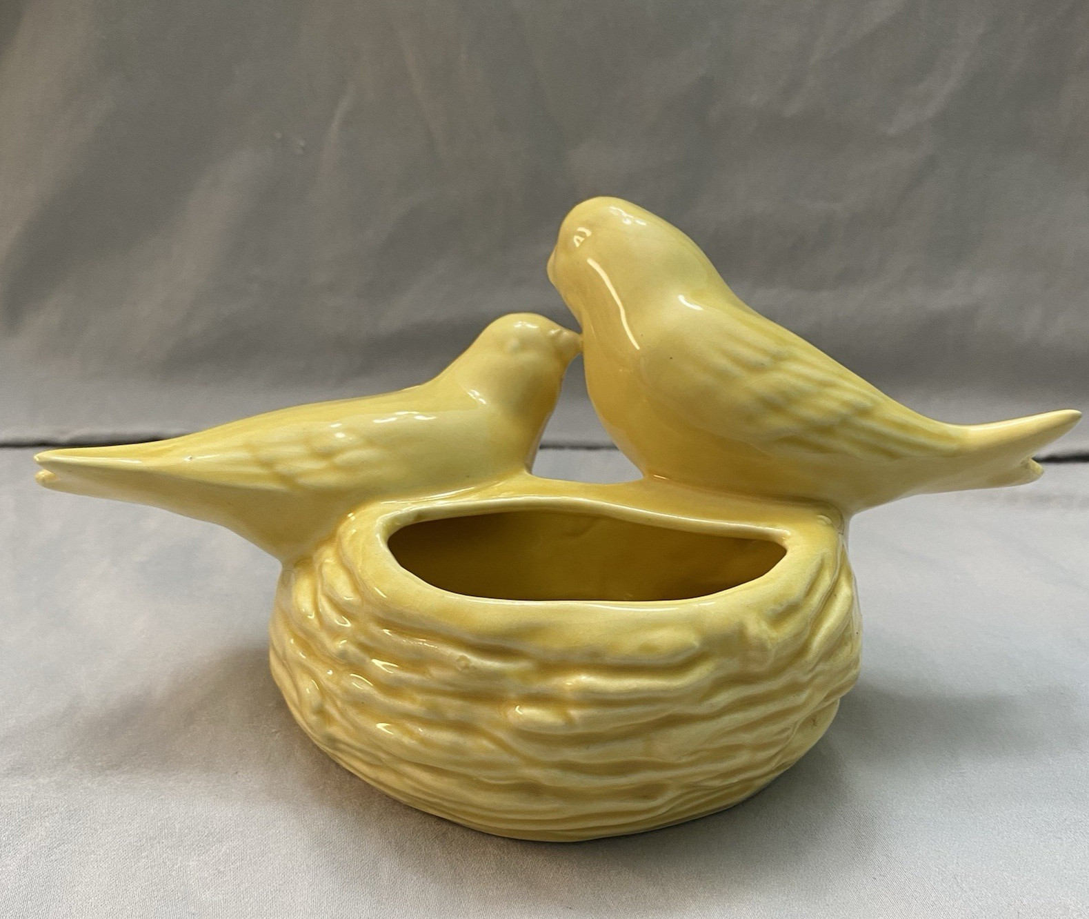 Vintage Love Birds on Nest Yellow Ceramic MCM Flower Pot Succulent Planter