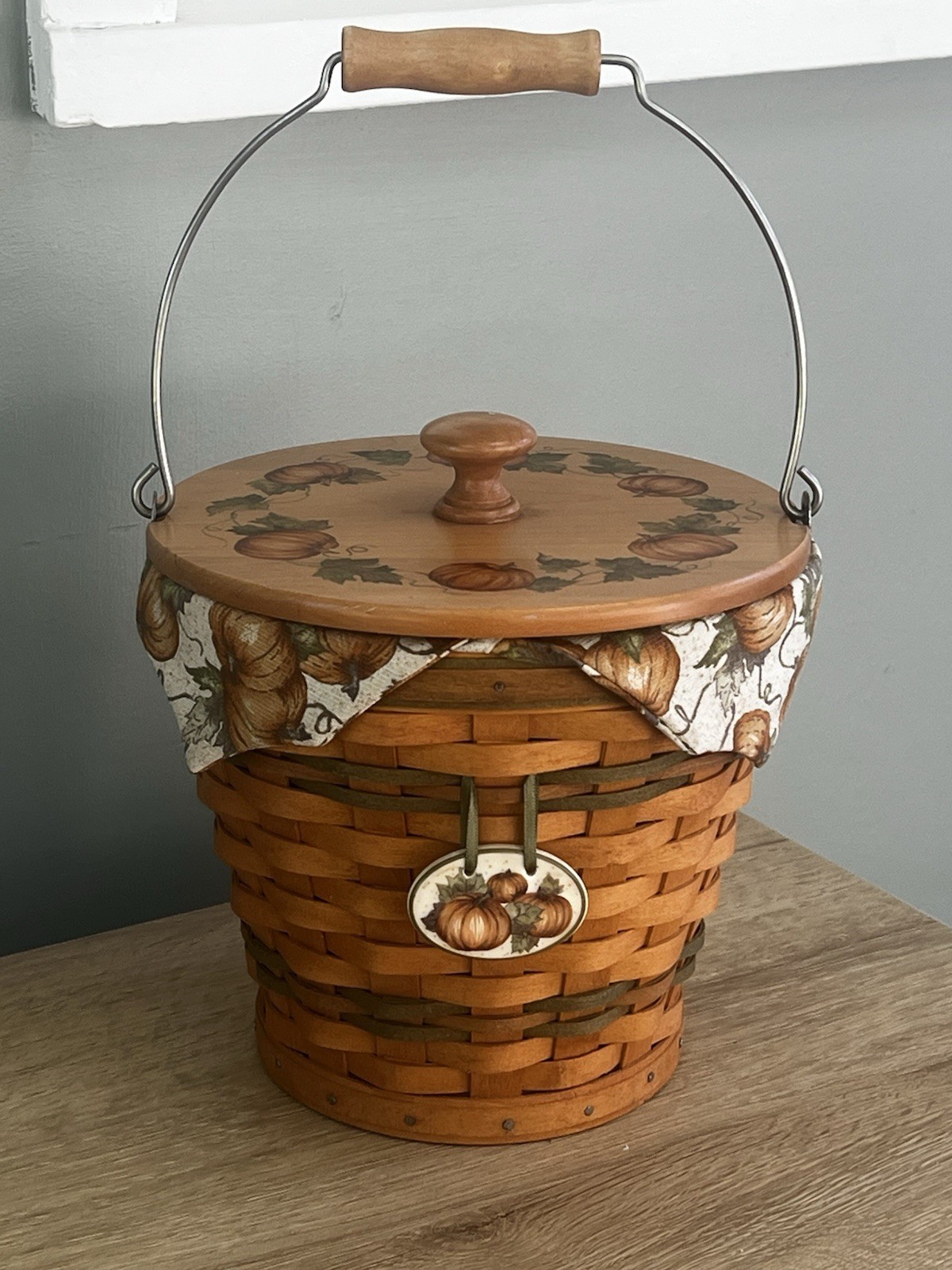 Vintage 2002 Longaberger  Autumn Pail Basket w/Pumpkin Patch Lid, Liner & Protec