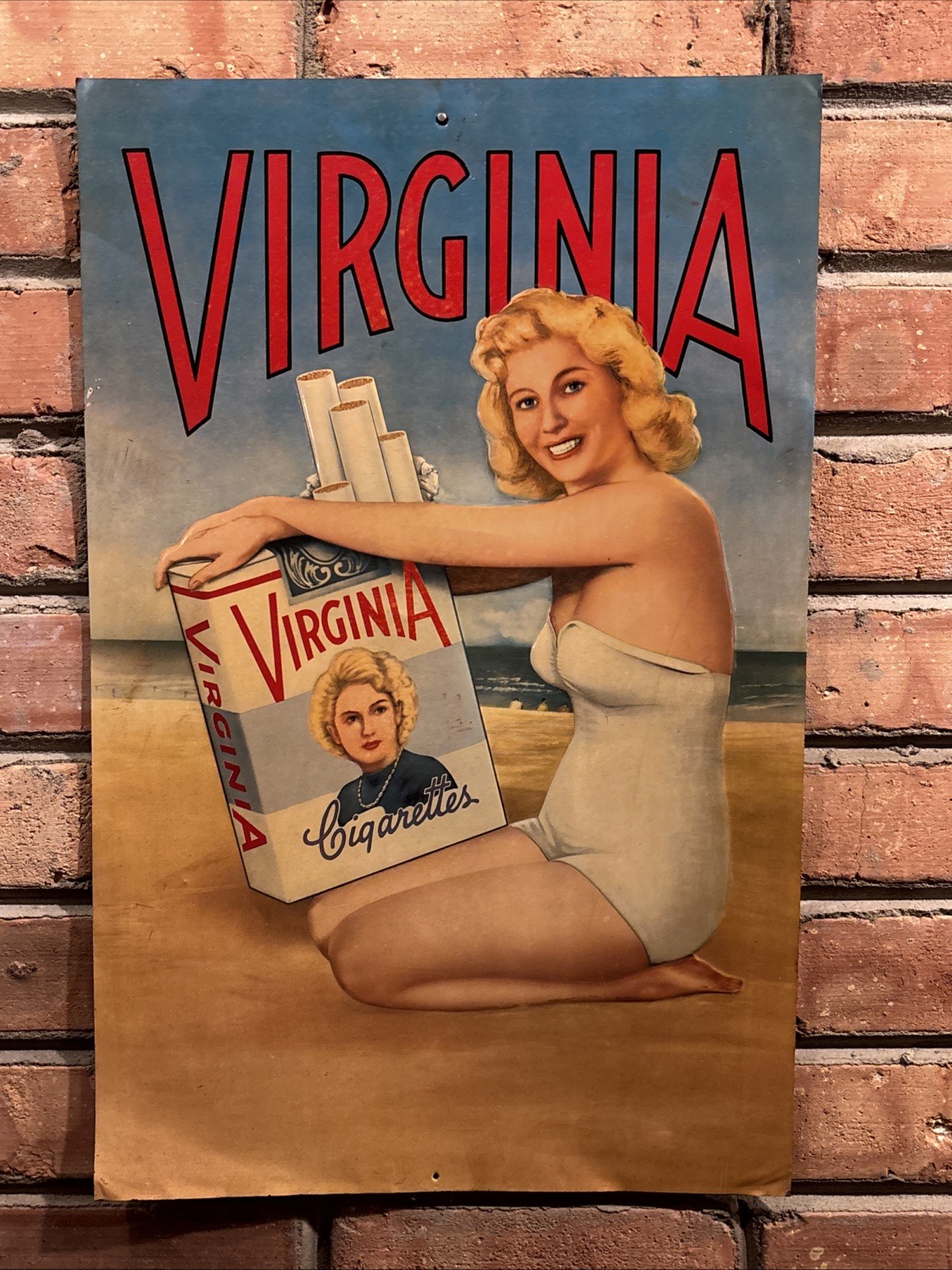 ORIGINAL Vintage 1930's 1940's VIRGINIA CIGARETTES Tobacco Metal Tin Pinup Sign
