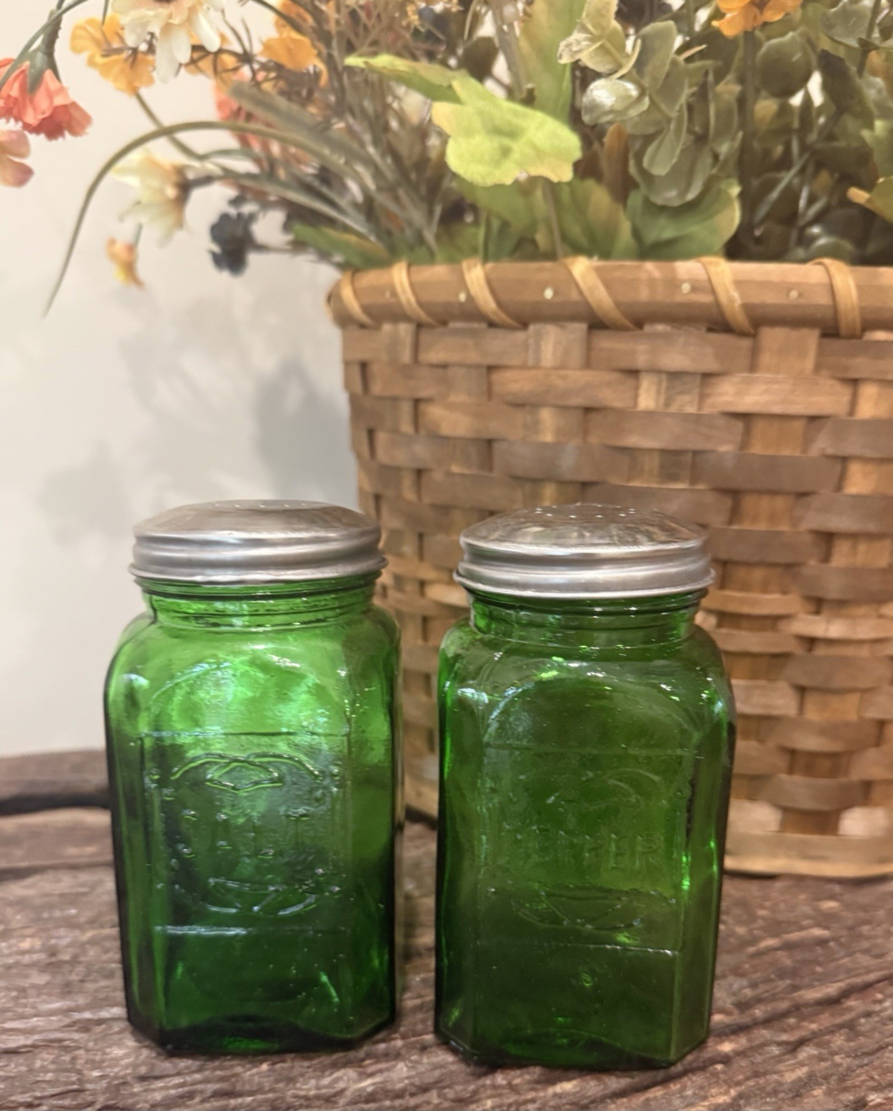 Vintage Green Glass Hazel Atlas (?) Salt and Pepper Set – Farmhouse Cottagecore