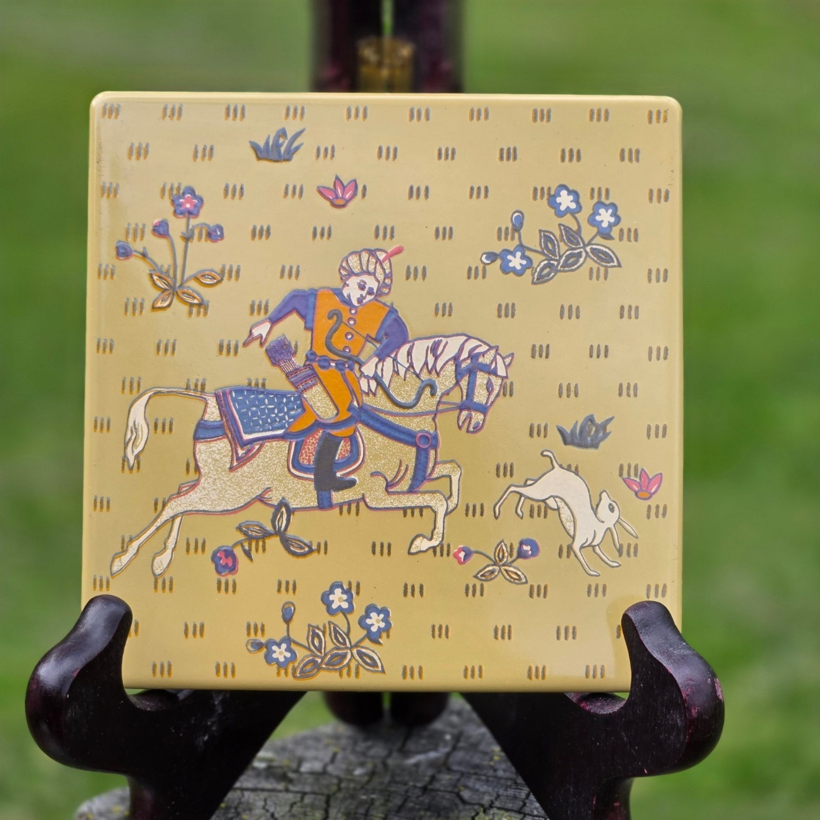 Vintage Georges Briard knight on horse  Metal Tile Trivet Mid Century fairy tale