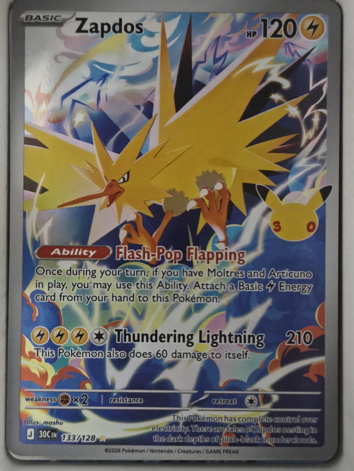 Nintendo Pokémon TCG Zapdos 30th Anniversary Secret Rare 133/128 English