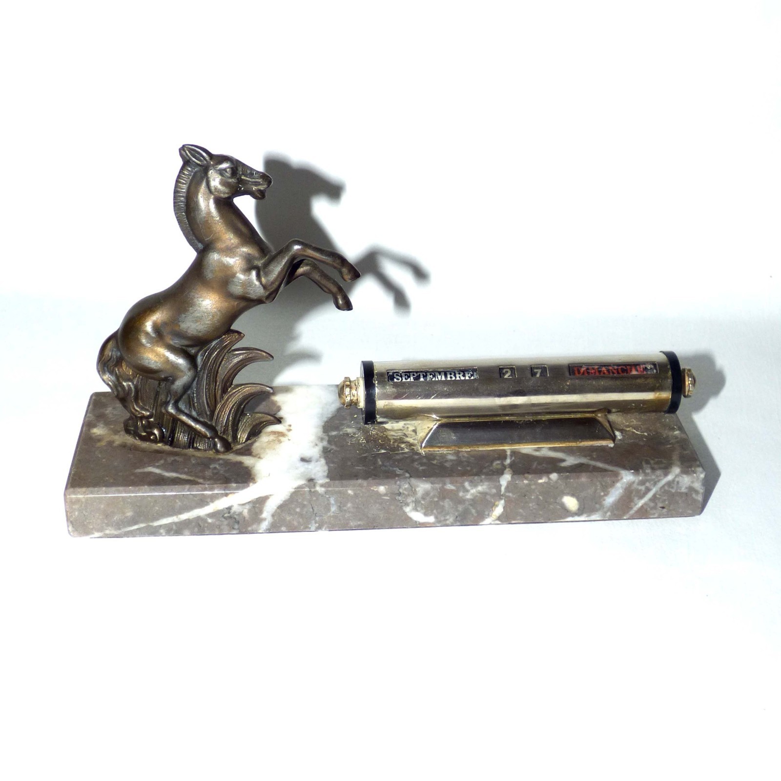 Vintage French Art Deco Desk Perpetual Calendar Spelter Horse Marble Base 1930s