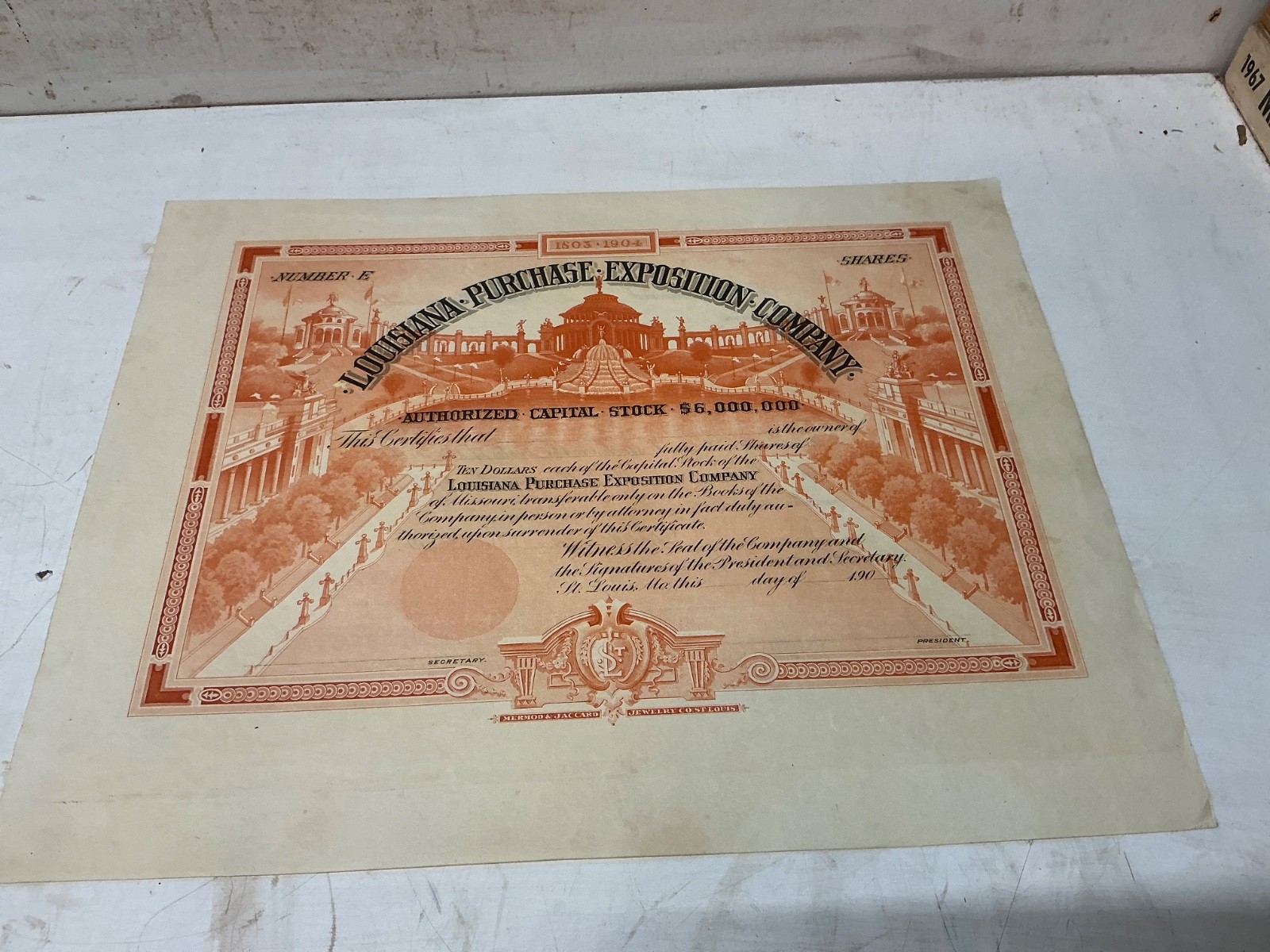Orange 1903 Louisiana Purchase Exposition Co/ Unissued Stock Certificate