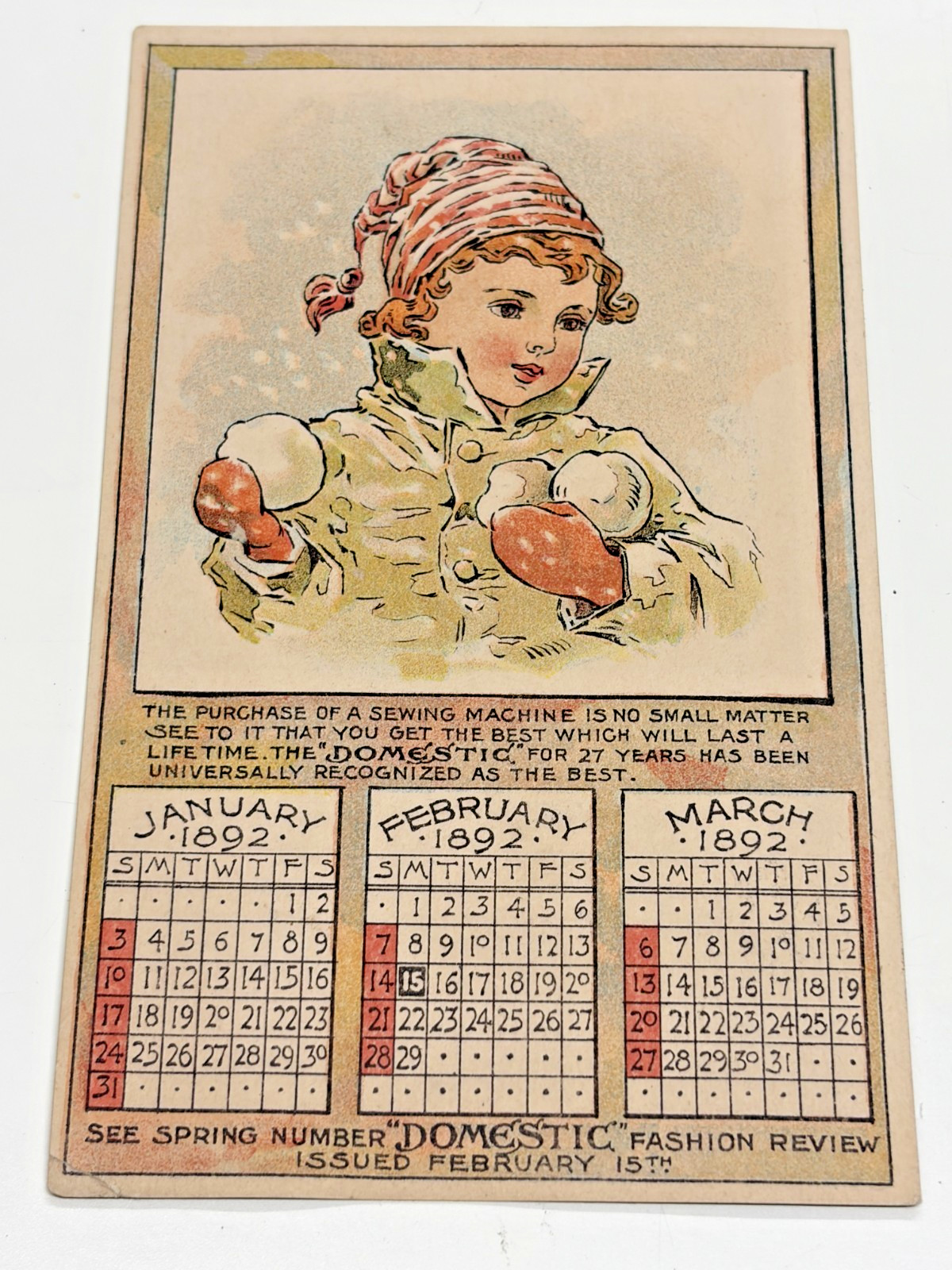 1892 Victorian Trade Card Calendar Domestic Sewing Machine Co Boy Snowballs