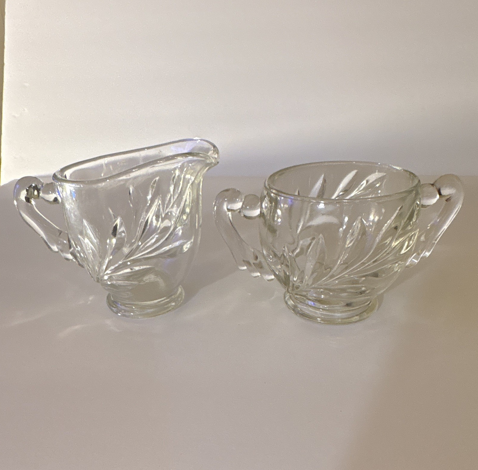 Clear Glass Floral Creamer & Sugar Bowl Set, 2-Piece Round w/ Handles/ Vintage