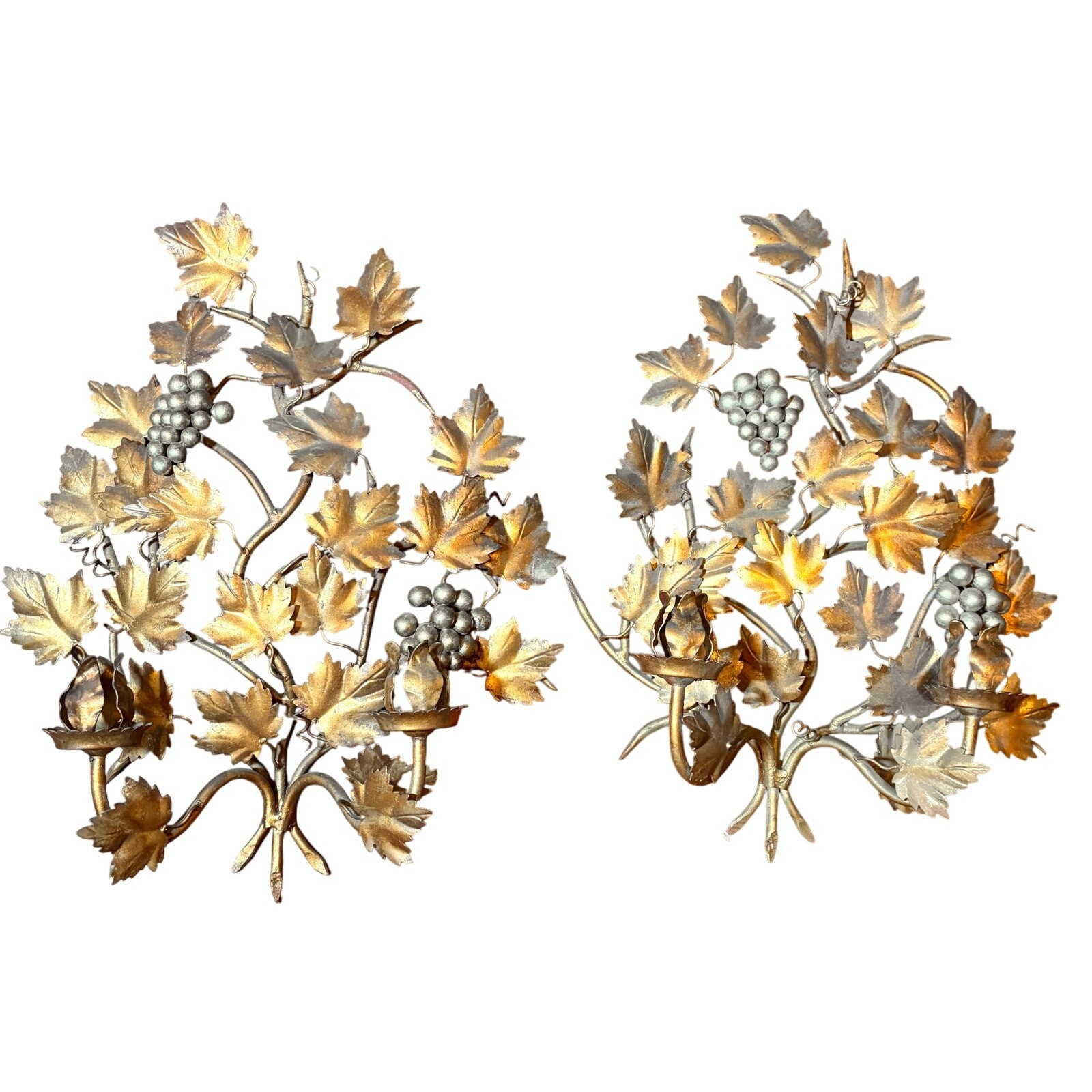 2 Vintage Italian Florentine Gilt Gold Tole Leaf Grape Wall Double Candle Sconce