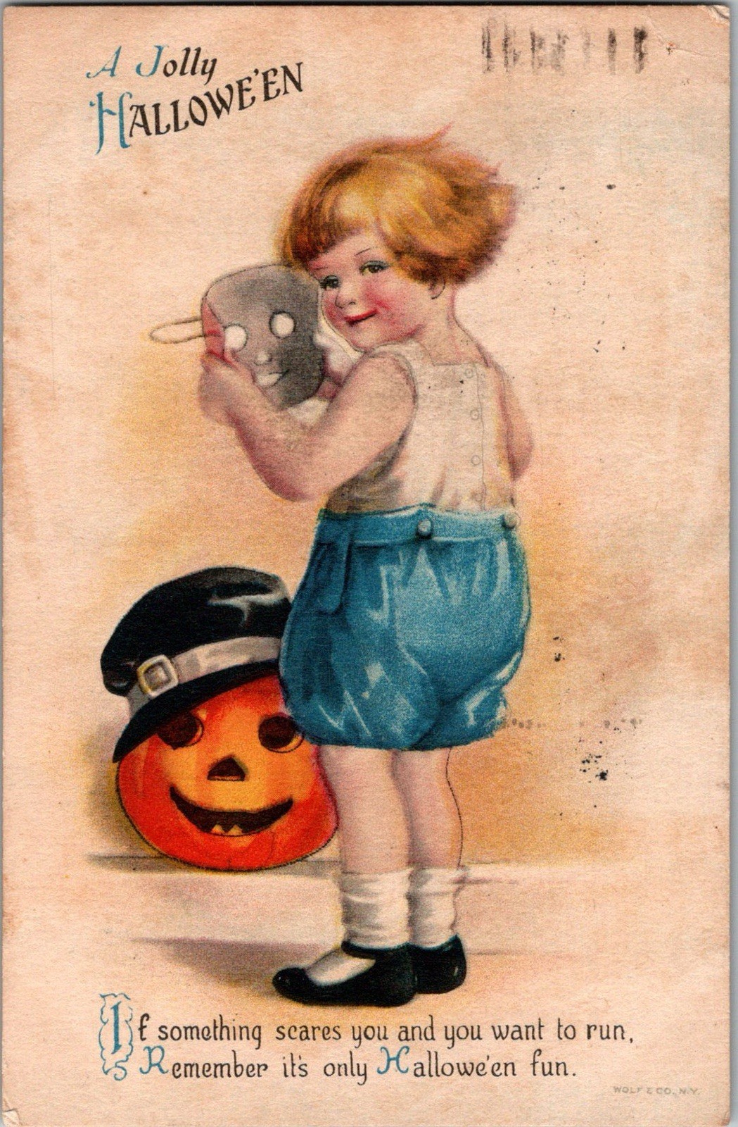 A Jolly Halloween Postcard Clapsaddle Wolf Child Boy Mask JOL c1910s JO5