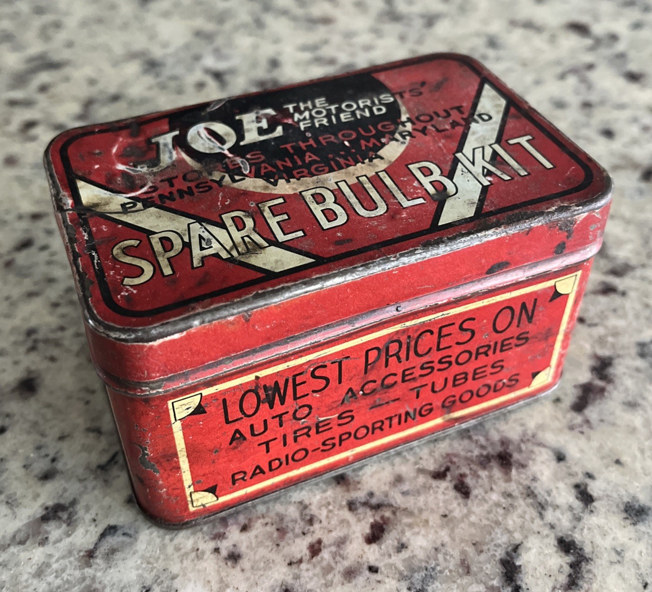 Vintage 1930s Tin JOE THE MOTORISTS\' FRIEND Spare Bulb Kit Can Auto Car PA MD VA