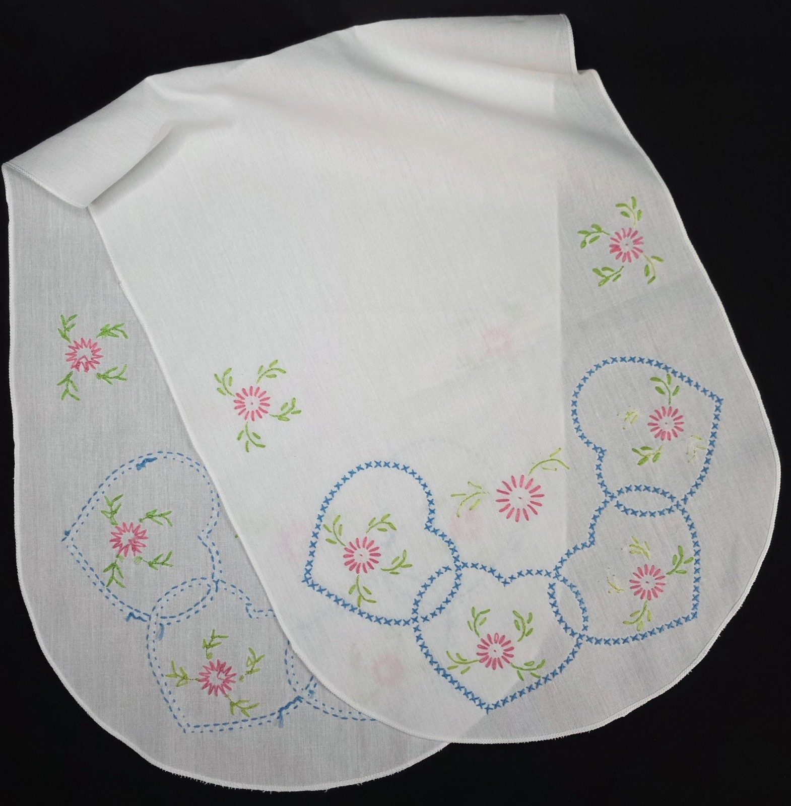 Vintage Hand Embroidered Linen Table Runner | Pink Flowers & Blue Hearts | 14x38
