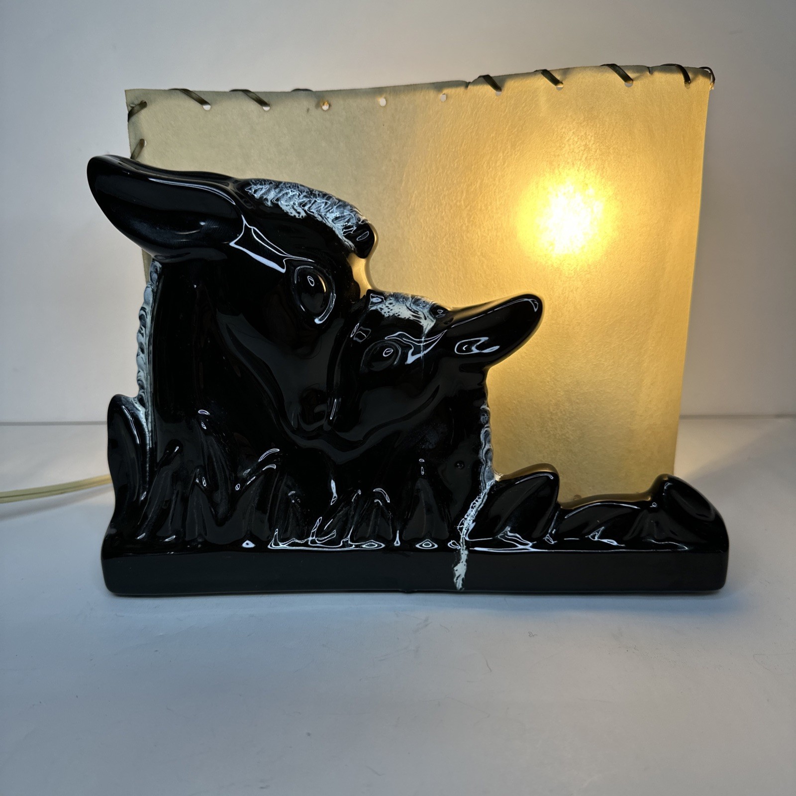 Vintage 1950\'s MCM Television Lamp light Shade Deer Doe & Fawn Black Ceramic