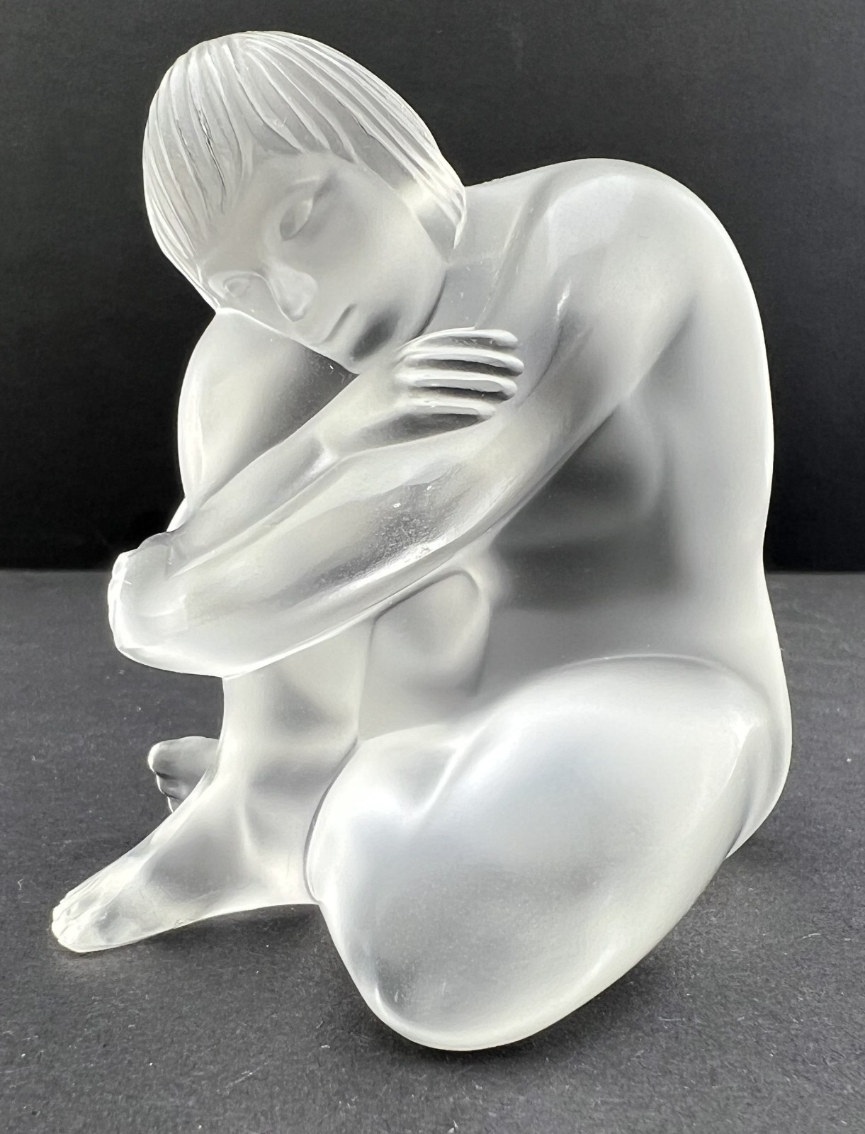 Lalique France, Frosted Crystal Sculpture, Nude Figure Sitting, 7 cm / 2.75 Inch