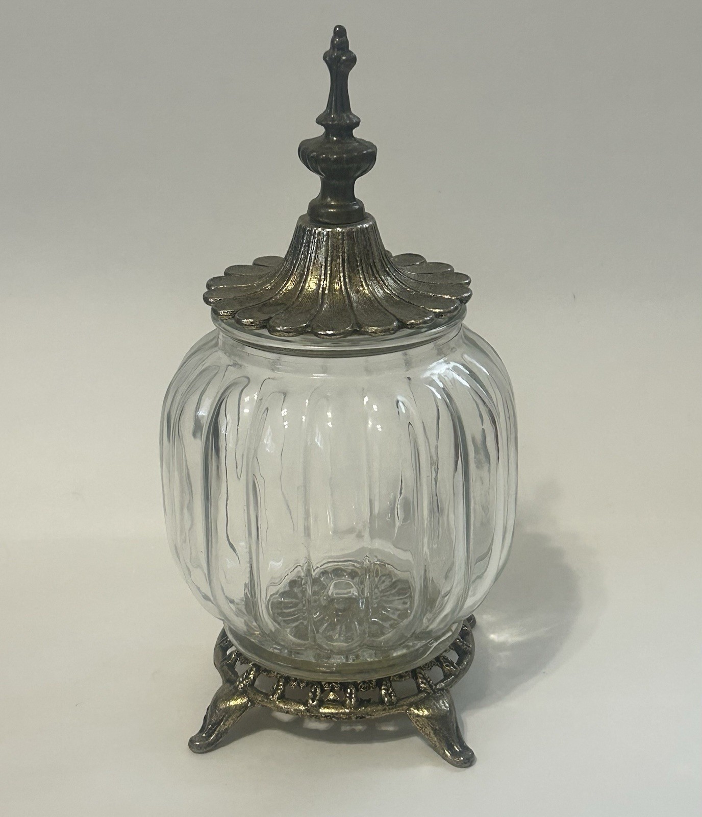 Vintage Glass & Metal Apothecary Dresser Jar with Ornate Lid and Base 9\