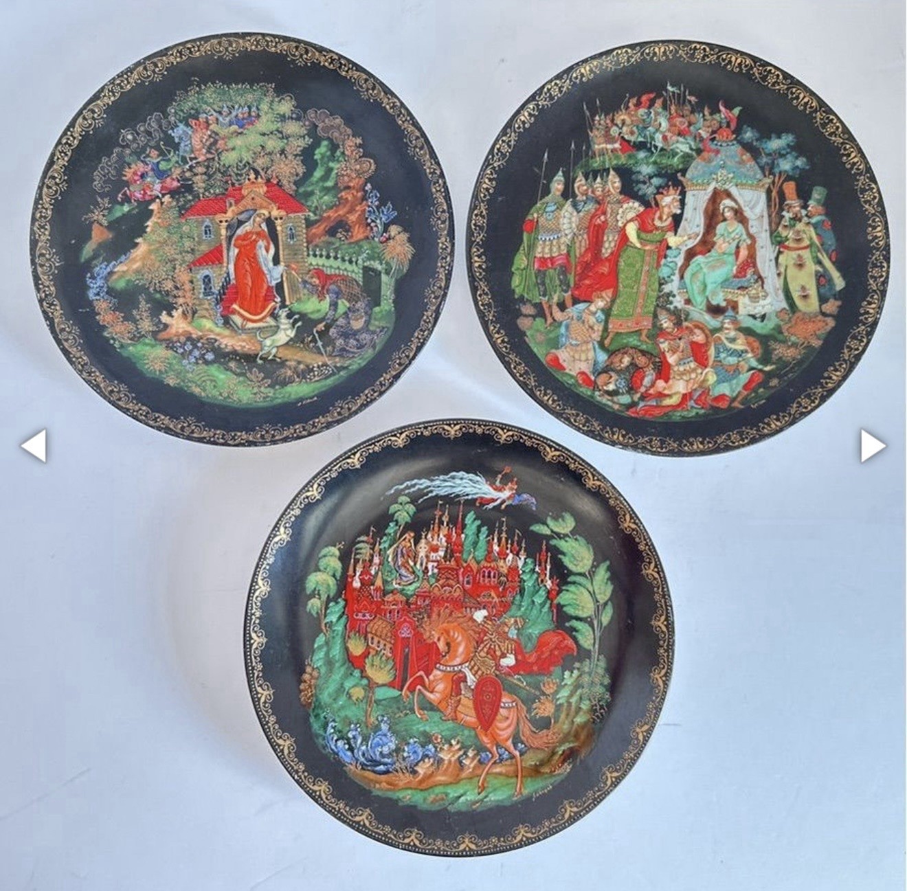 Set of 3 Russian Legends Palekh Porcelain Collector Plates Pushkin Fairy Tales