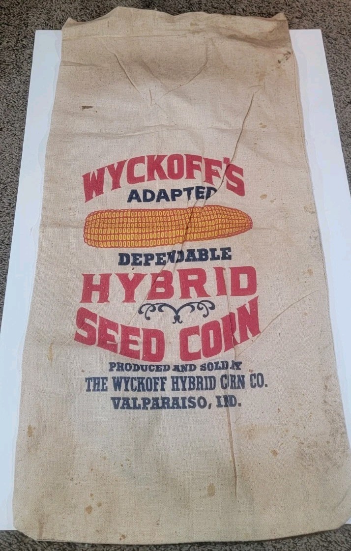 VINTAGE WYCKOFF HYBRIDS SEED CORN BURLAP BAG, SACK, VALPARAISO, IN