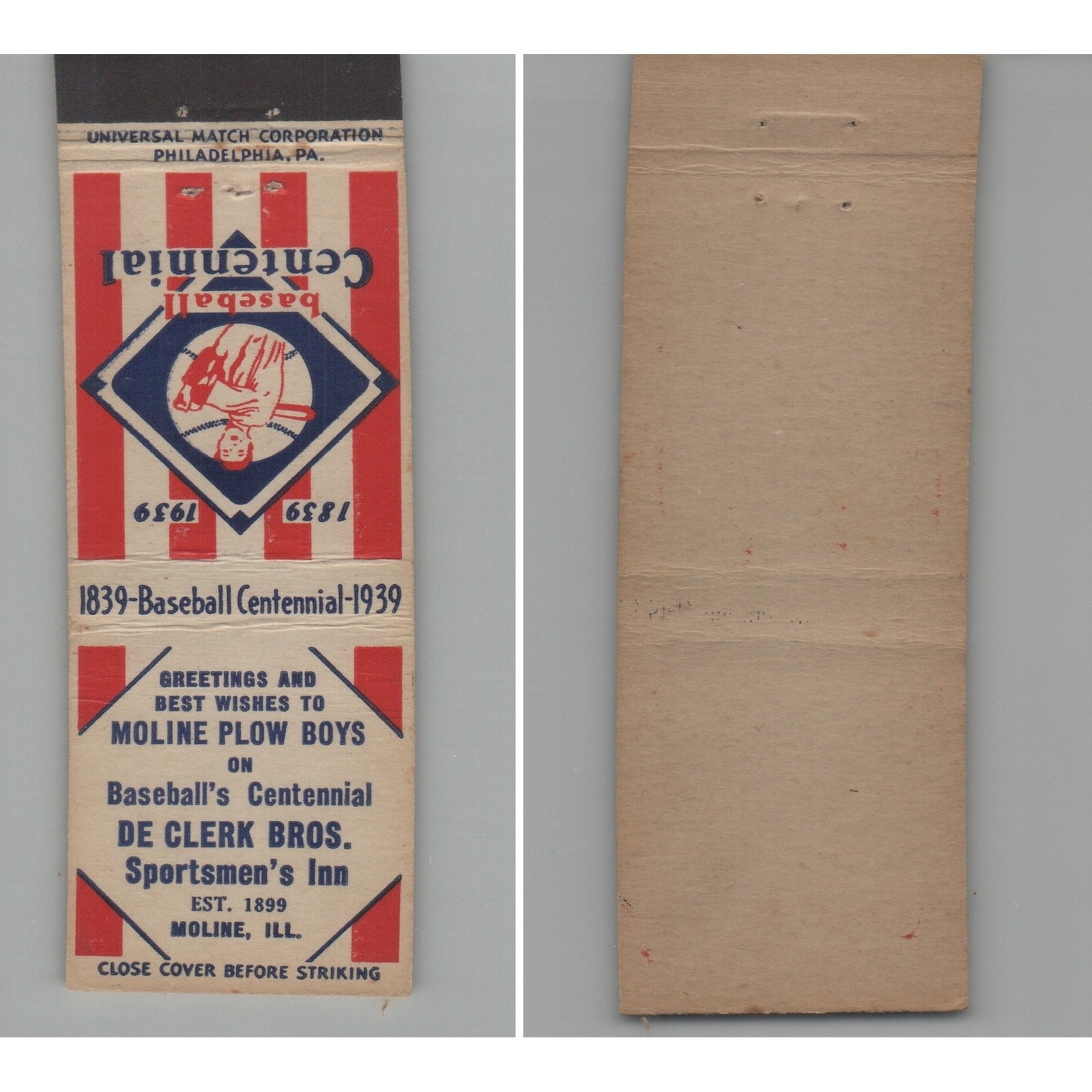 1930s Baseball Centennial 1839-1939 - Sportsmen's Inn Moline IL Matchbook Cover