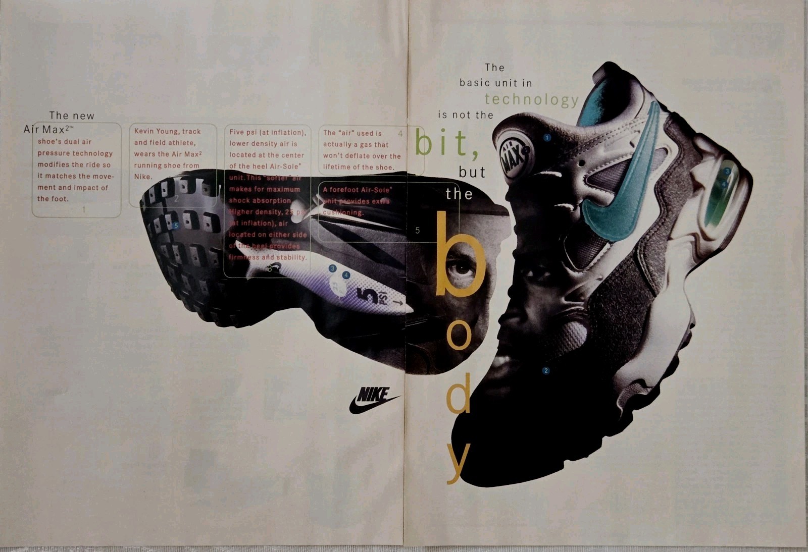 Vintage 1994 Nike Air Max Kevin Young 2 Page Print Ad Body Bit Tech Retro 90s OG