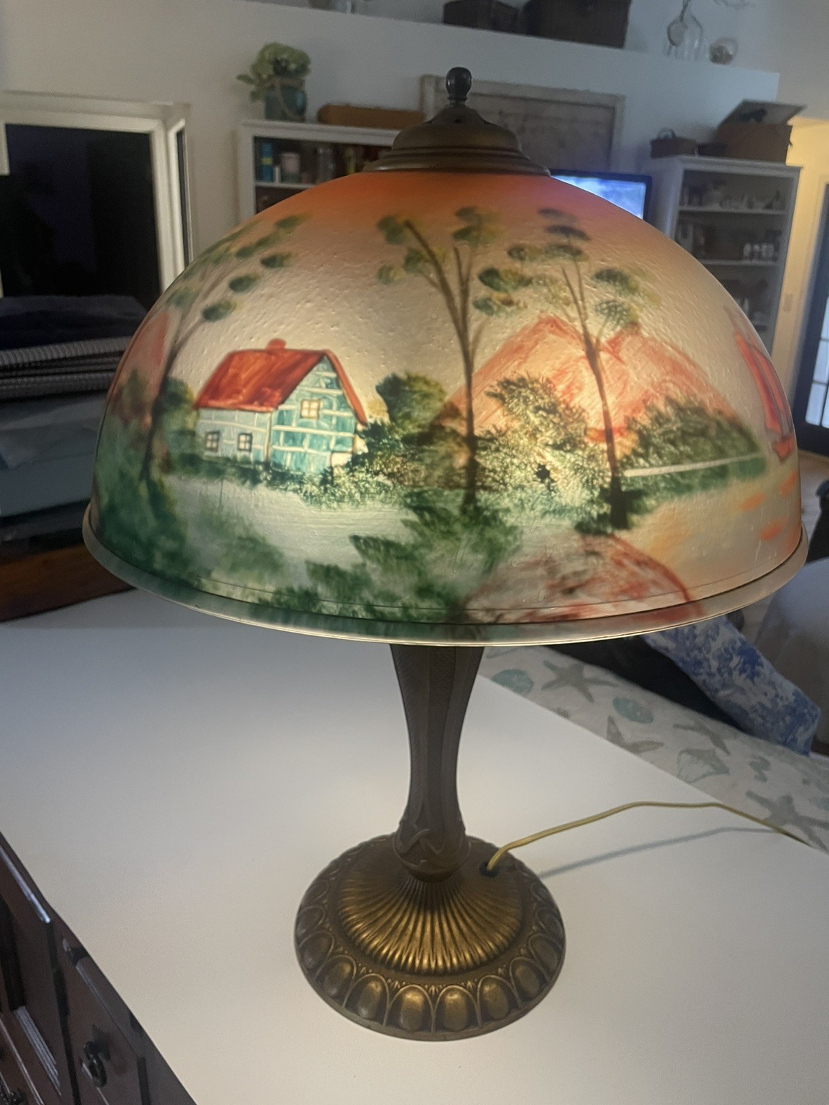 1920’s Art Nouveau Reverse Painted Shade Lamp Cast Iron Brass Landscape # 1876