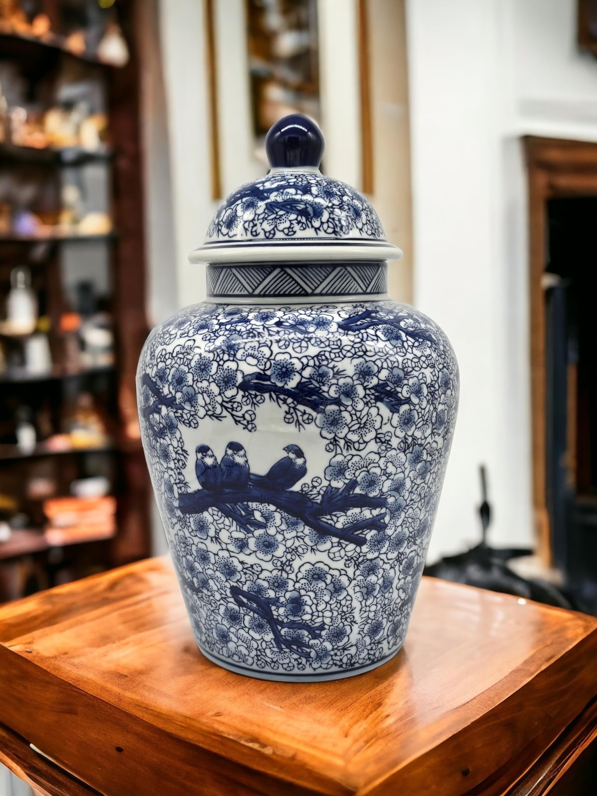 Festcool 12.5 in Blue and White Porcelain Floral Temple Ginger Jar Vase, Chin...