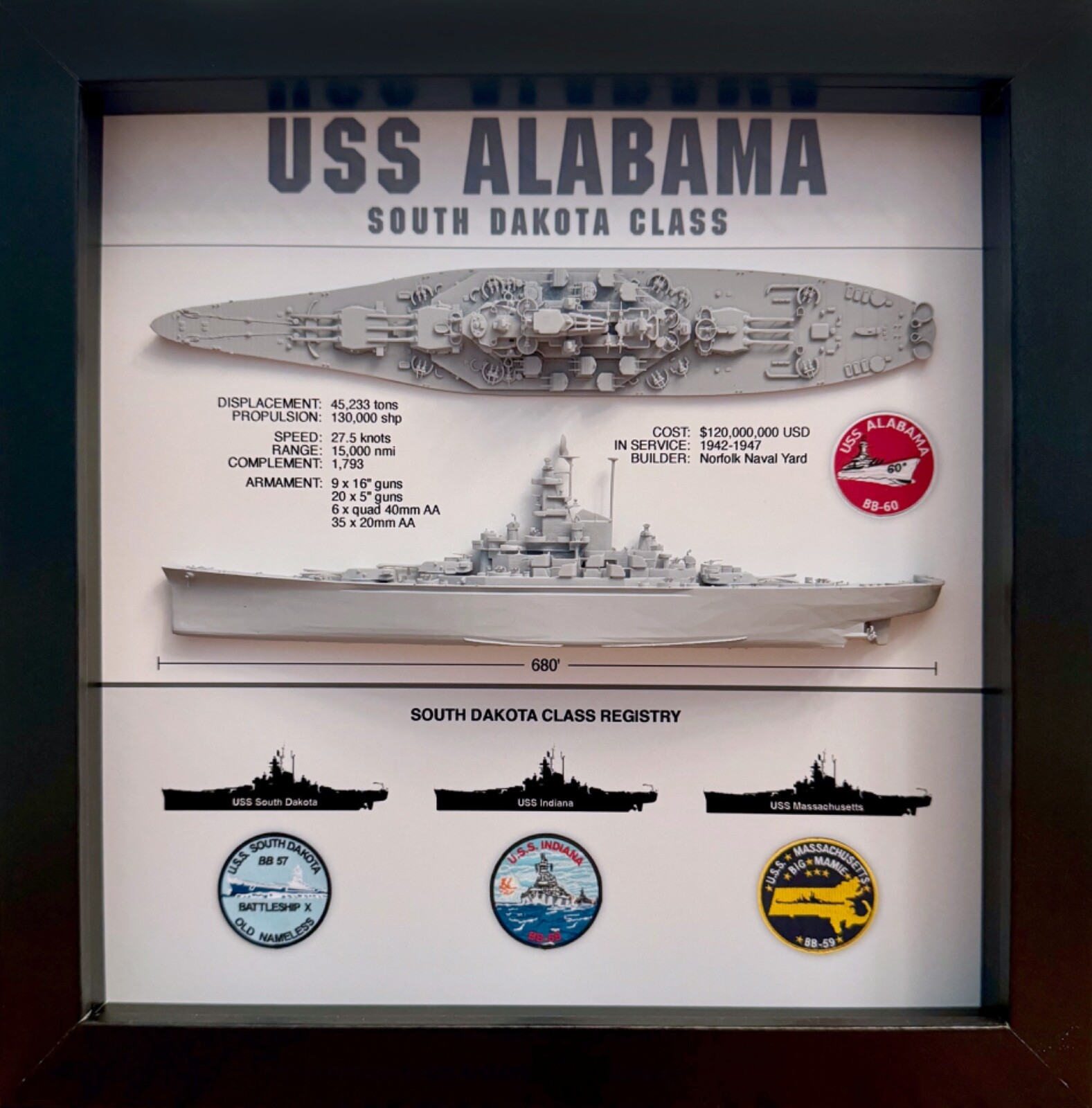 USS Alabama Display Box, BB-60, South Dakota Class, WW2, 9